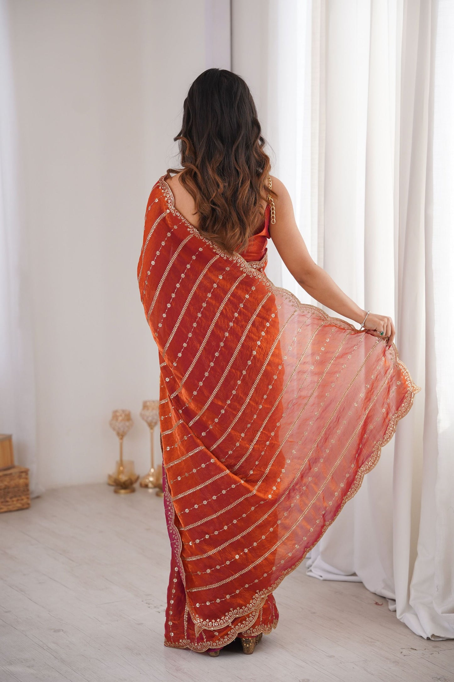 Luxury Rust Orange Organza Silk Saree Golden Zari Embroidery Designer Blouse
