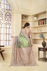 Dusty Beige and Olive Green Floral Printed Linen Silk Saree with Zari Accents