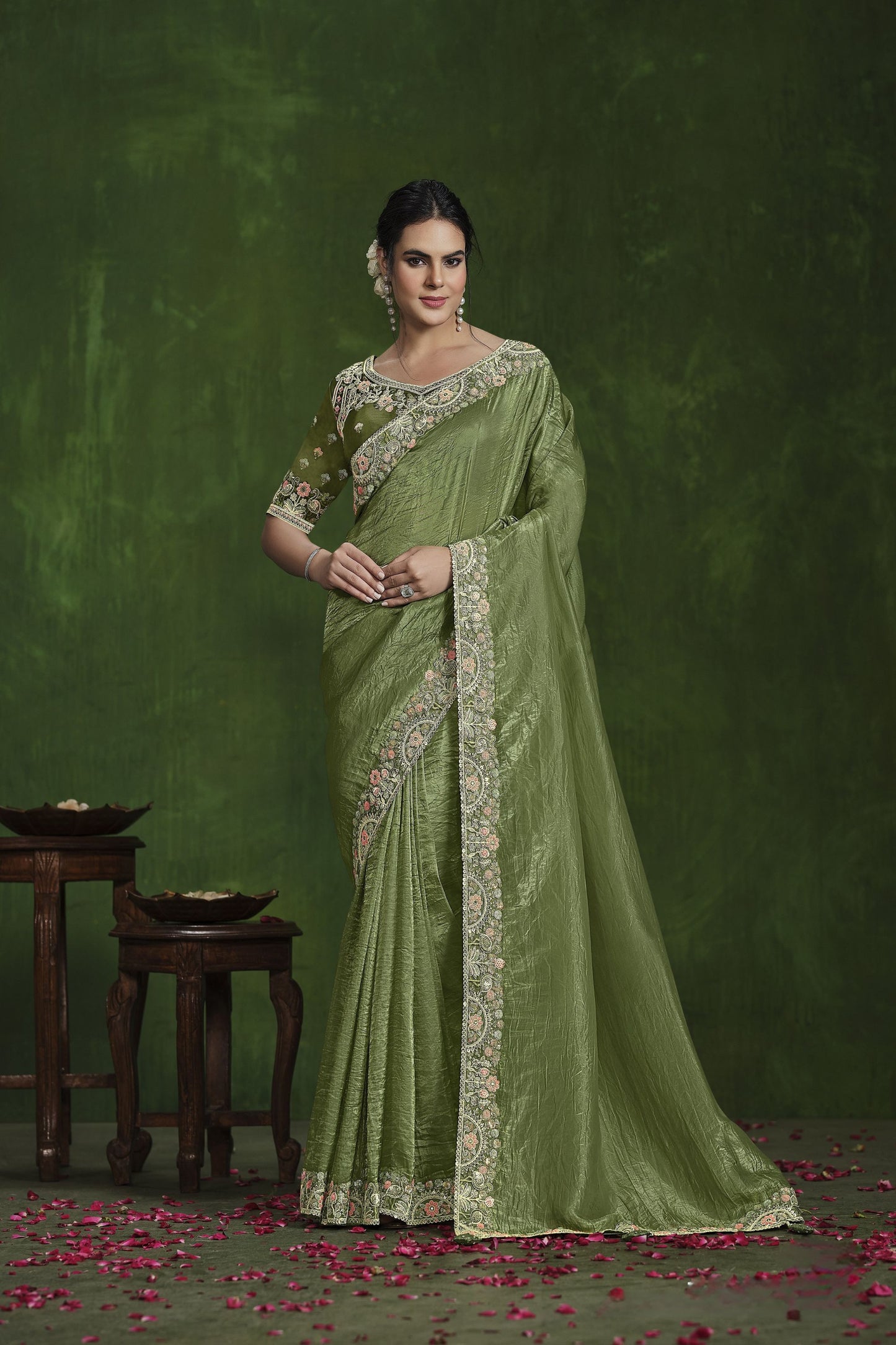 Olive Green Embroidered Silk Saree with Designer Blouse