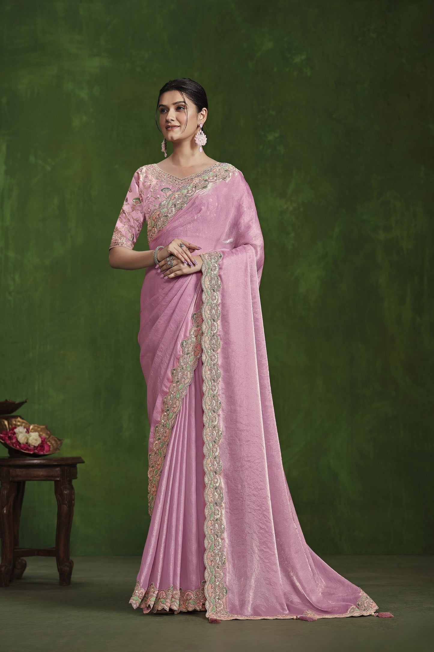 Light Pink Embroidered Silk Saree with Designer Blouse