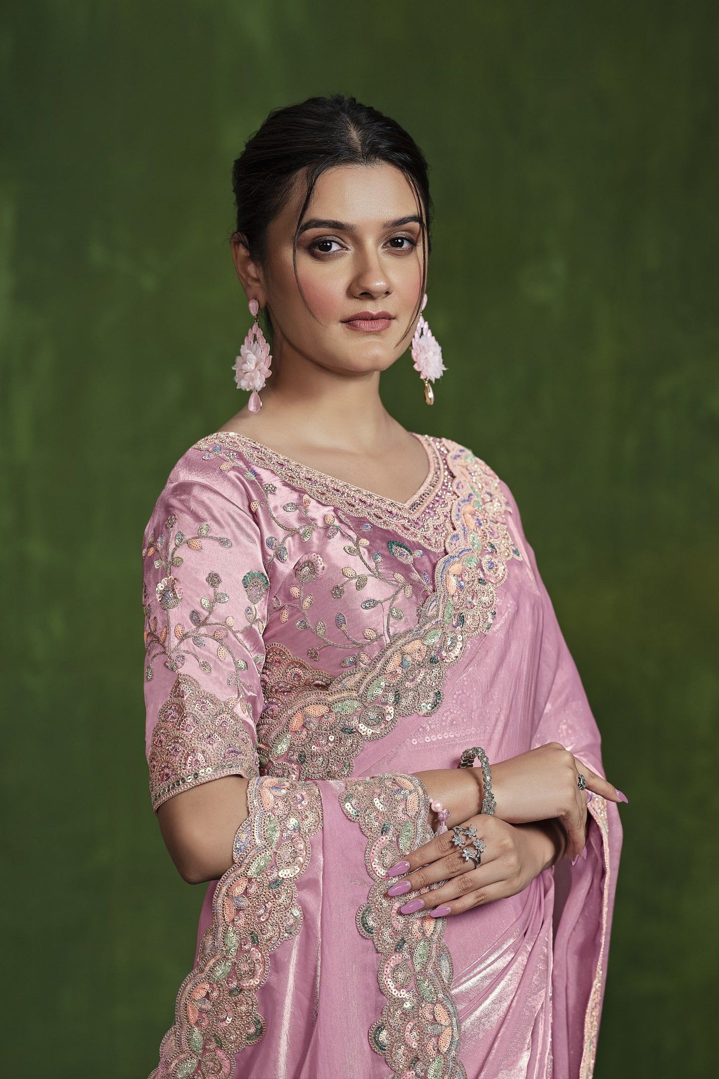 Light Pink Embroidered Silk Saree with Designer Blouse