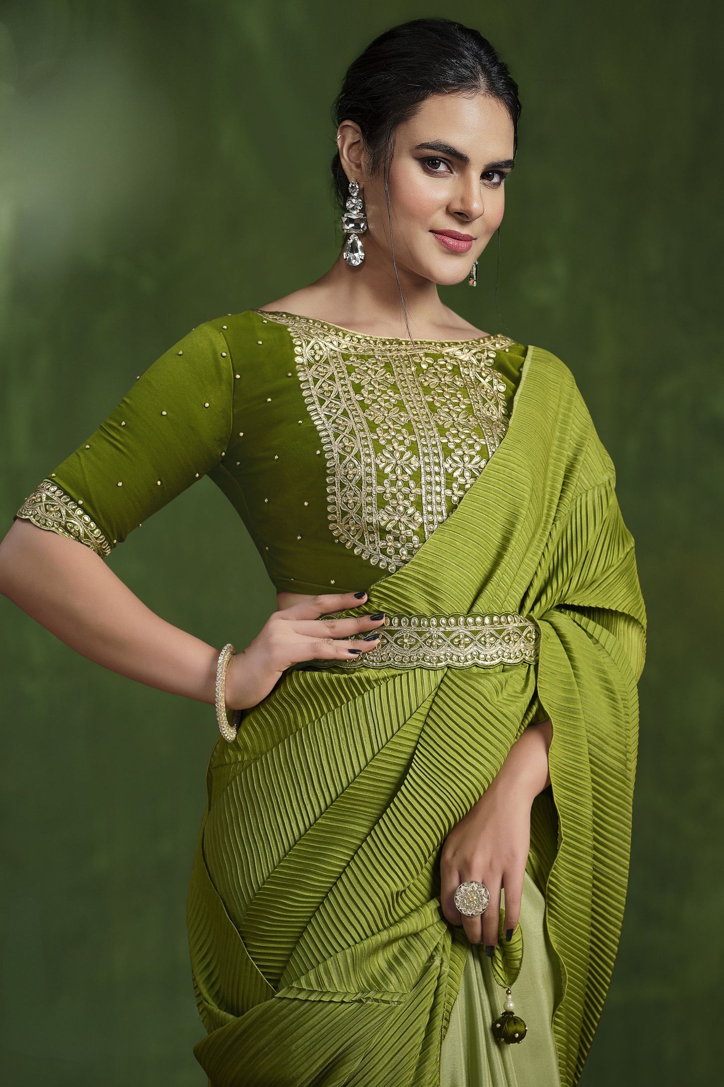 Olive Green Designer Silk Saree with Heavy Embroidered Blouse