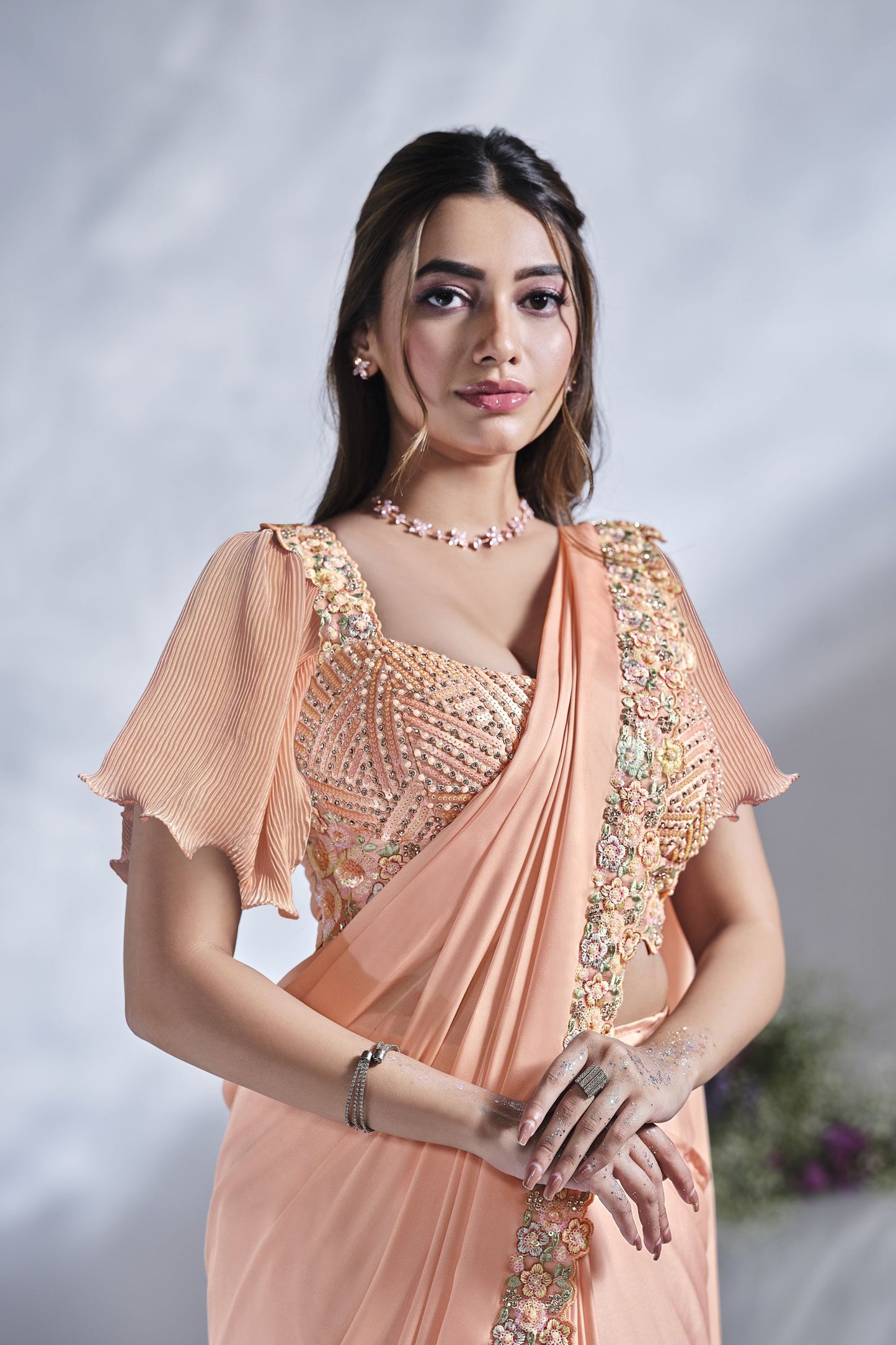 Peach Embroidered Georgette Saree Handwork Designer Blouse