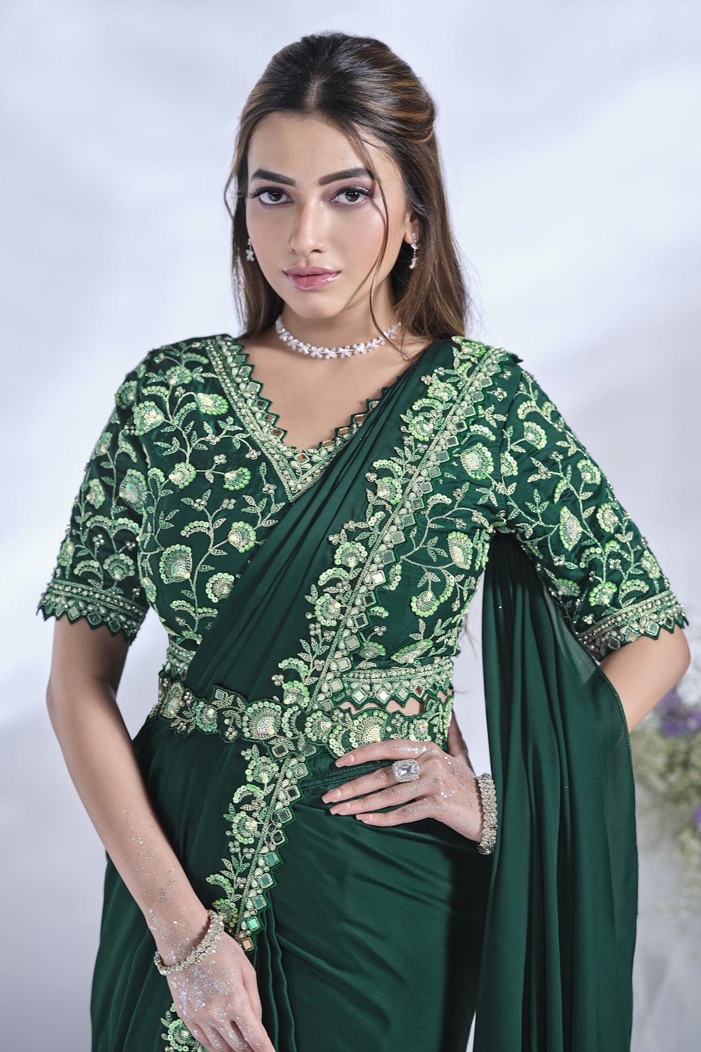Designer Green Georgette Saree with Heavy Blouse Party Wear