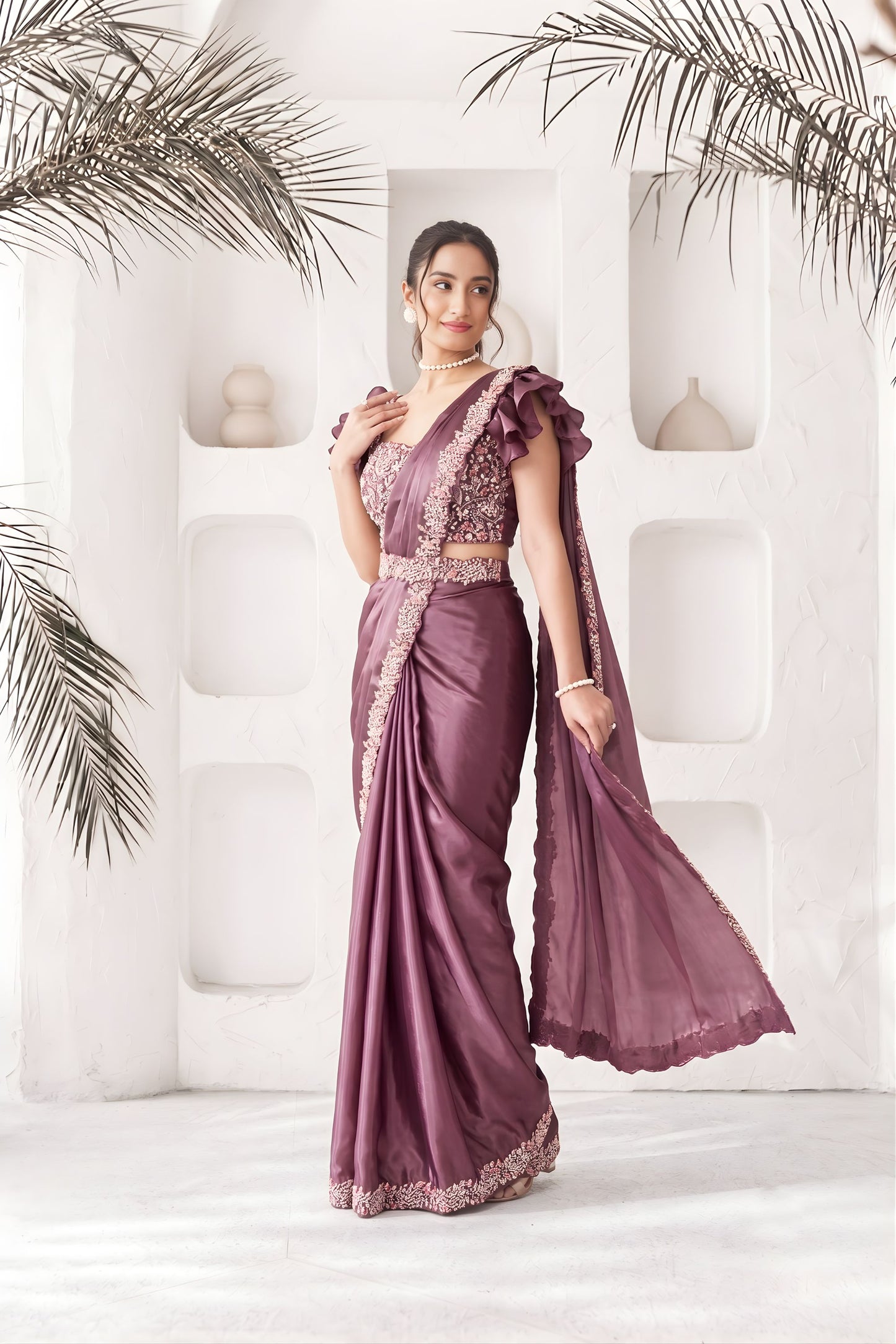 Premium Mauve Satin Silk Saree Khatli Work for Party Wear