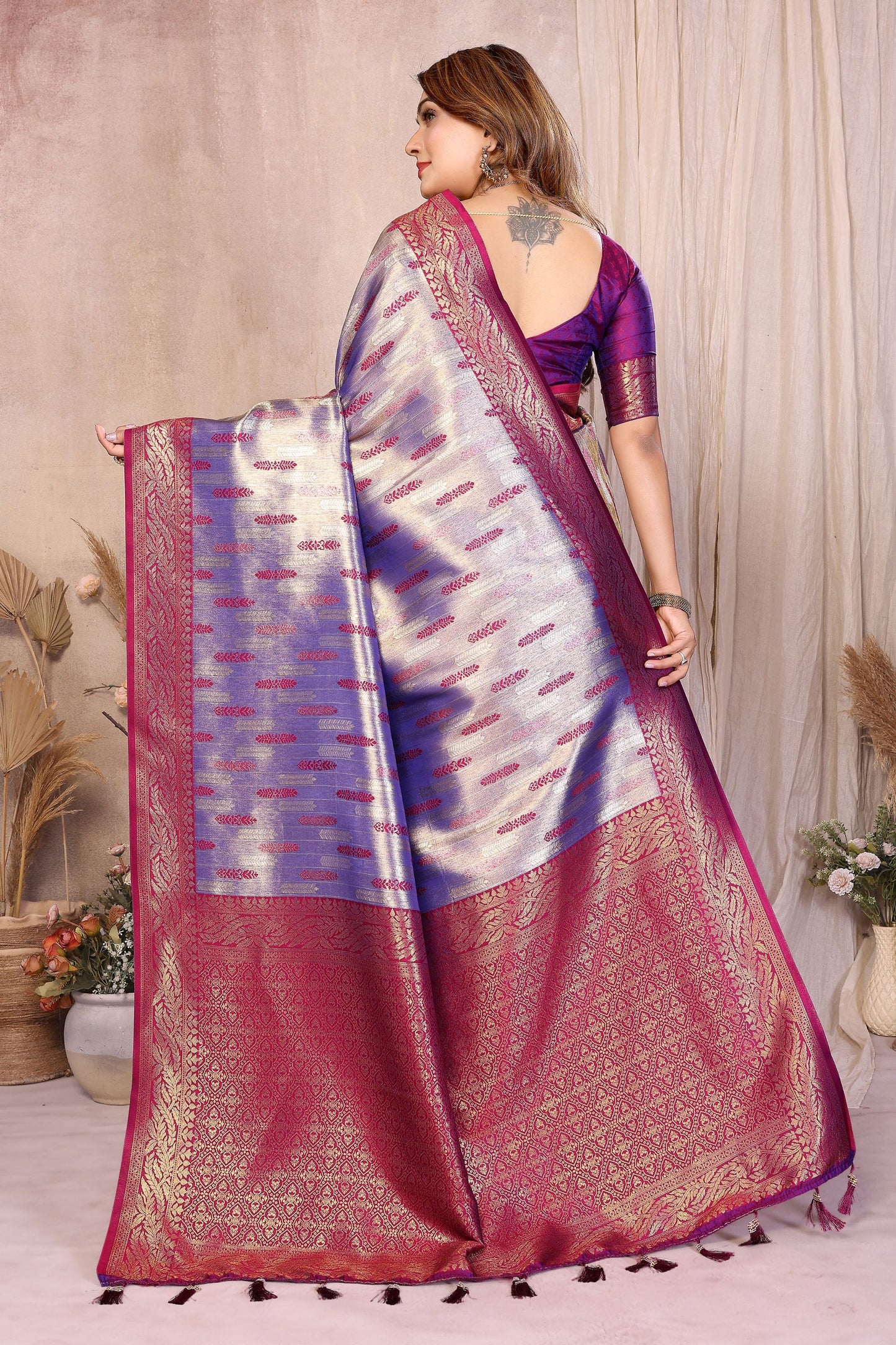 Silver Purple Banarasi Silk Saree with Rich Zari Weaving and Contrast Pallu