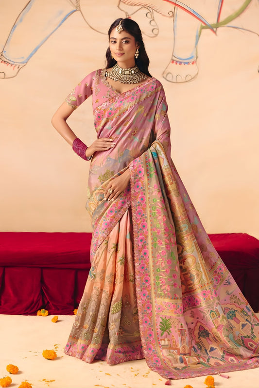 Designer Blush Pink Silk Saree with Floral Zari Border Print Pallu