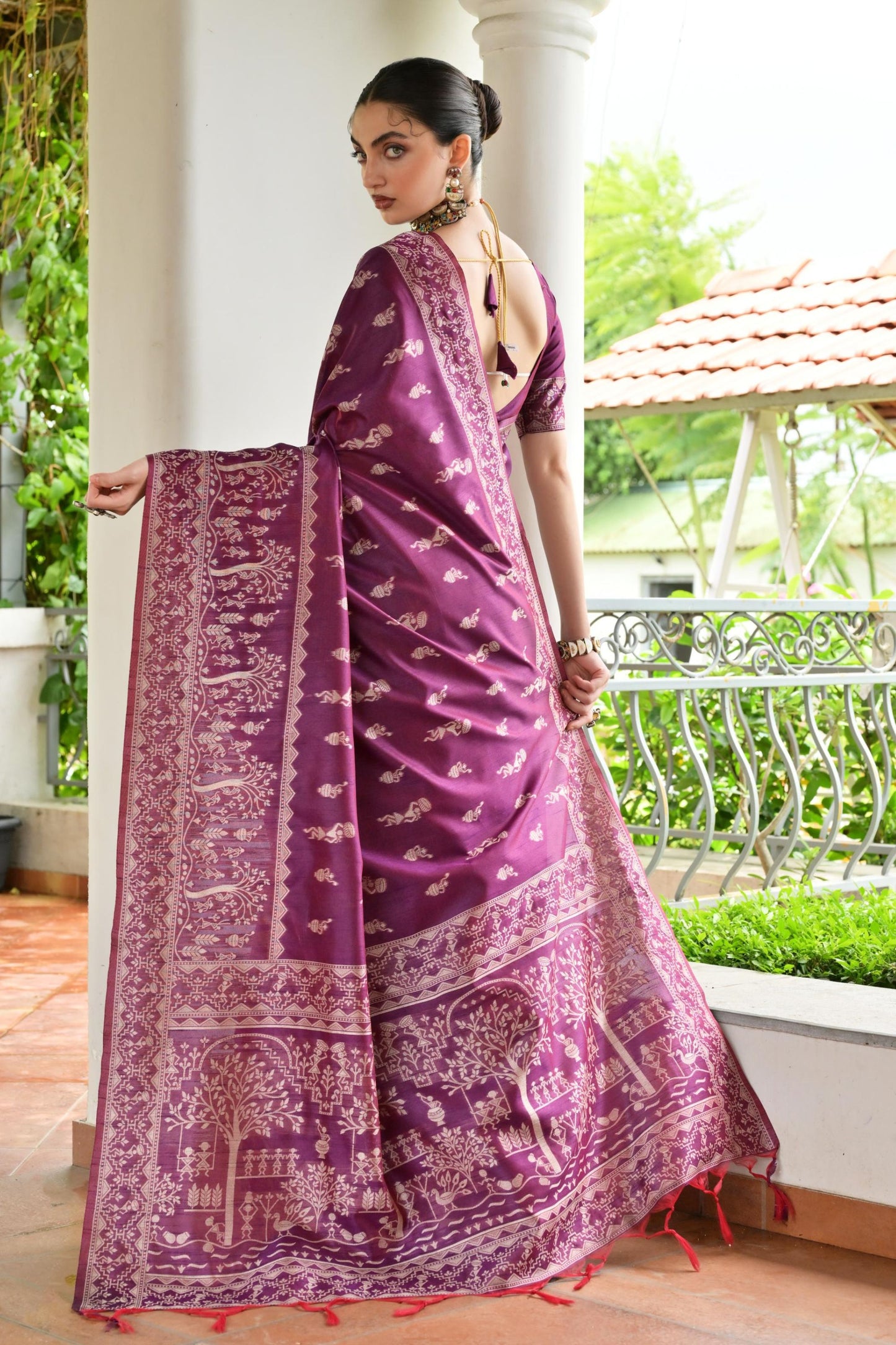 Wine Purple Cotton Silk Saree with Traditional Woven Border