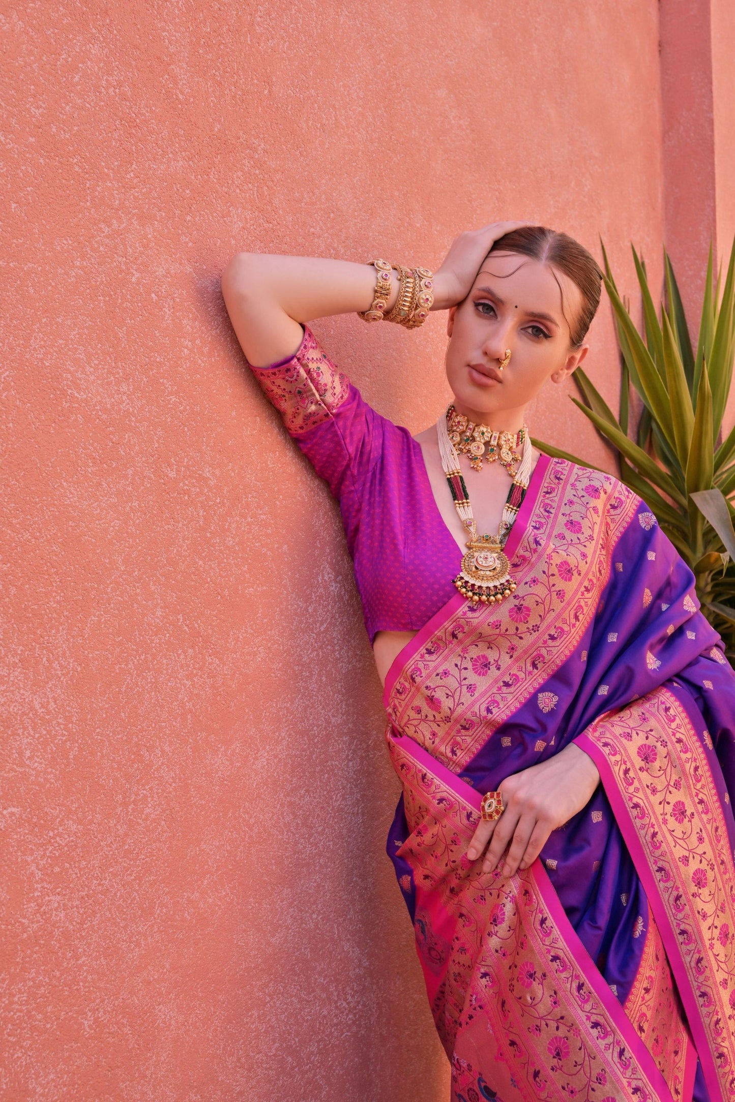 Royal Purple Pink Kanjivaram Silk Saree with Golden Zari Festive Wear