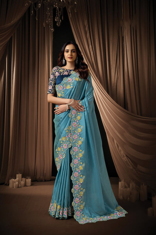 Teal Blue Floral Embroidered Designer Saree with Fancy Blouse