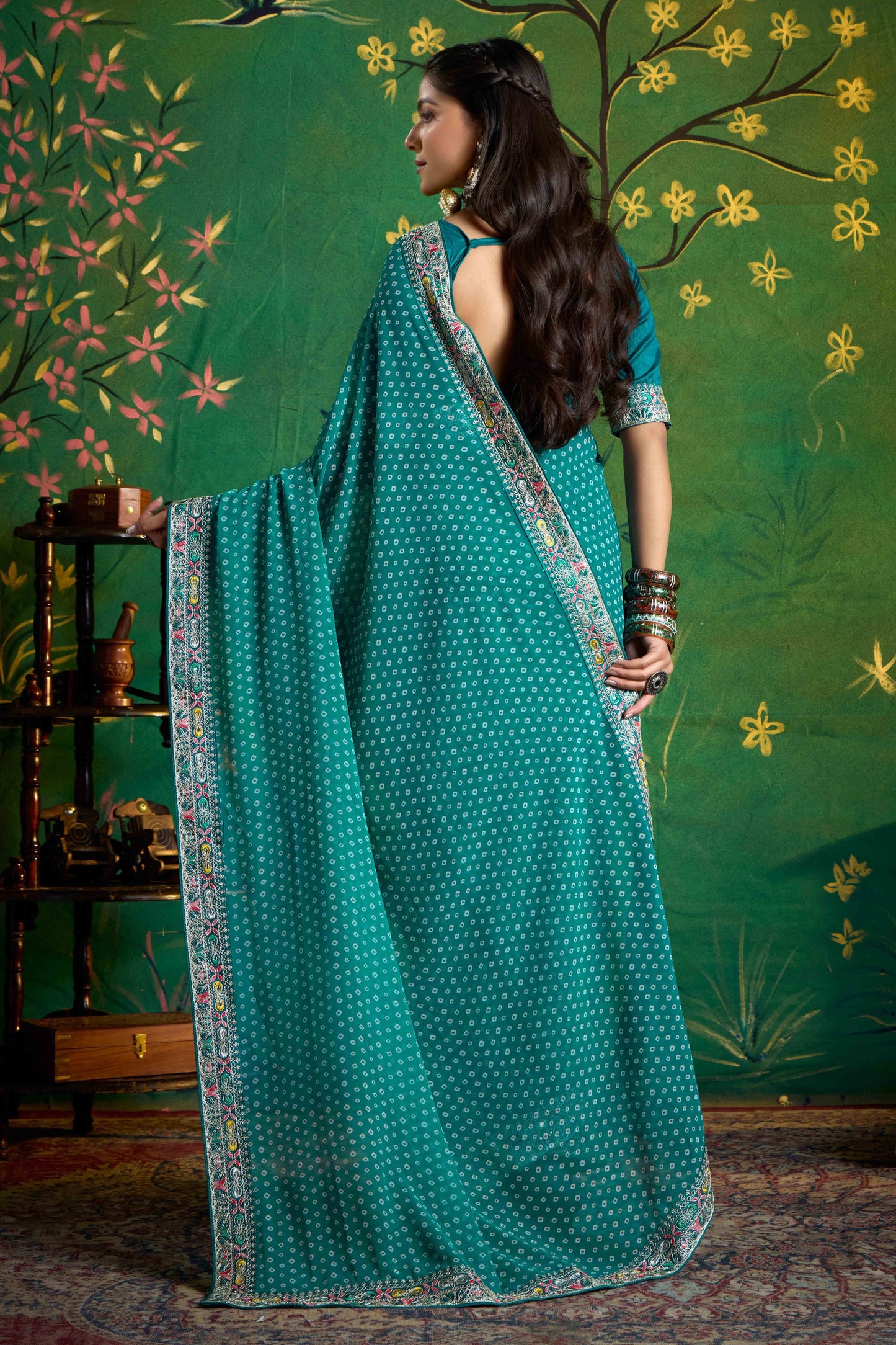 Teal Green Bandhani Saree and Designer Blouse Festive Wear