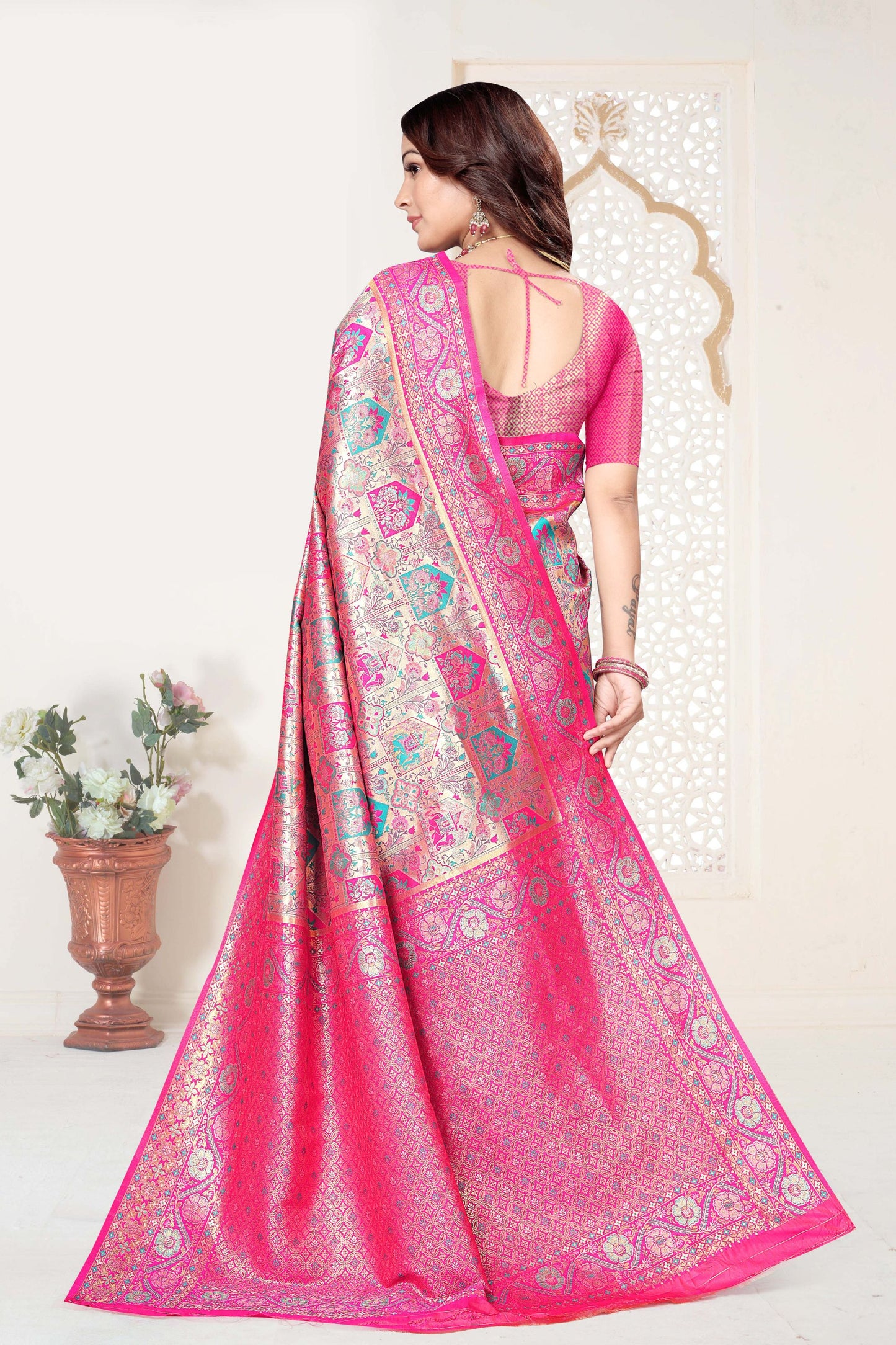 Rani Pink and Beige Banarasi Silk Saree with Rich Zari Woven Design