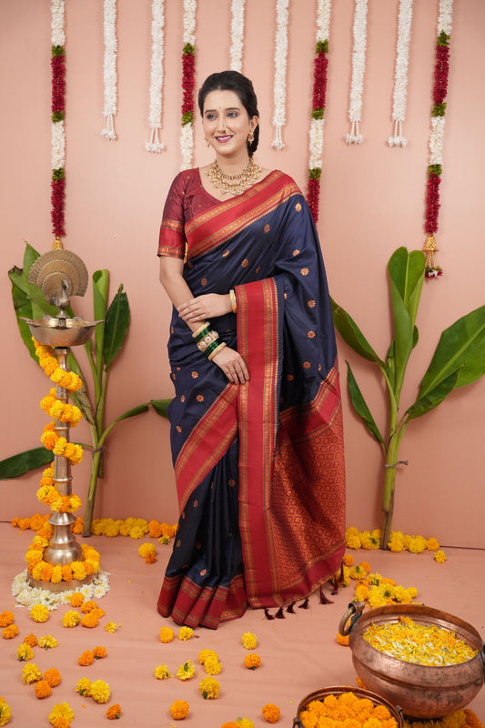 Navy Blue Silk Saree Red Woven Border Traditional Design