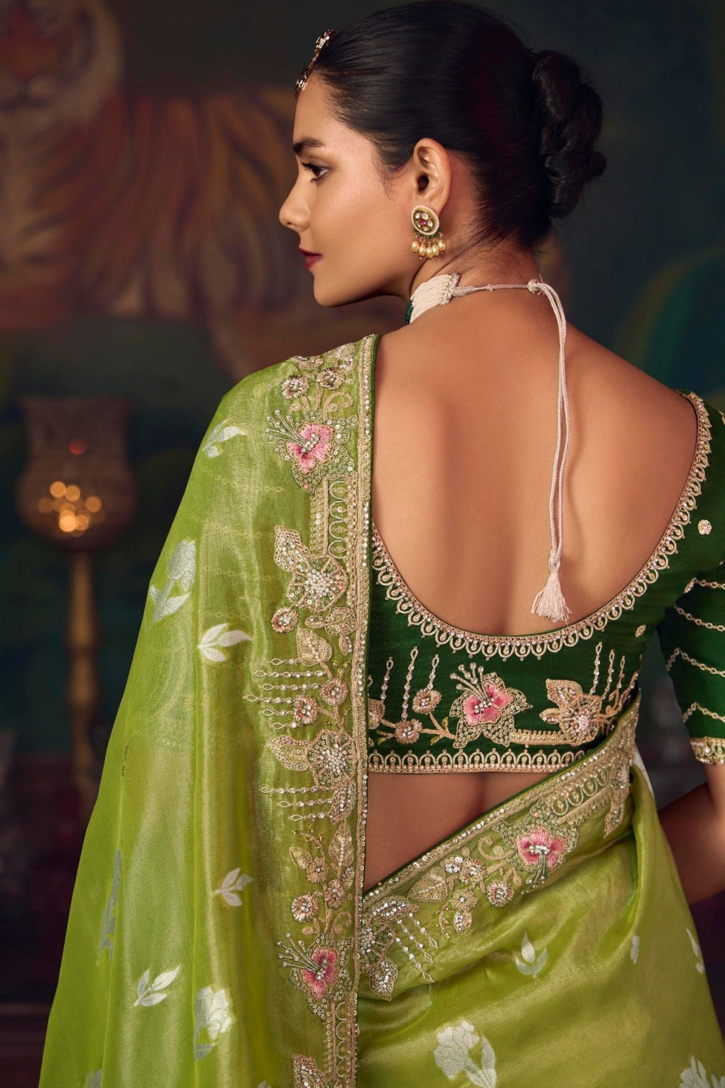 Olive Green Silk Saree with Designer Green Blouse