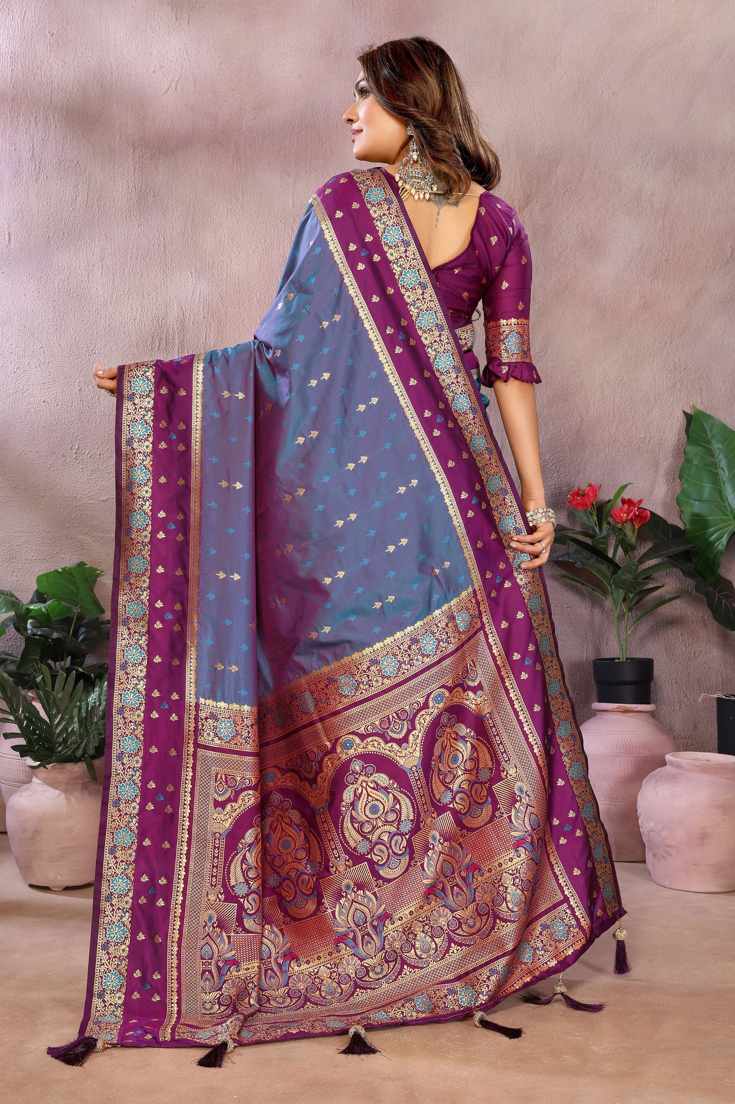 Blue Silk Saree with Wine Purple Zari Woven Border Designer Pallu