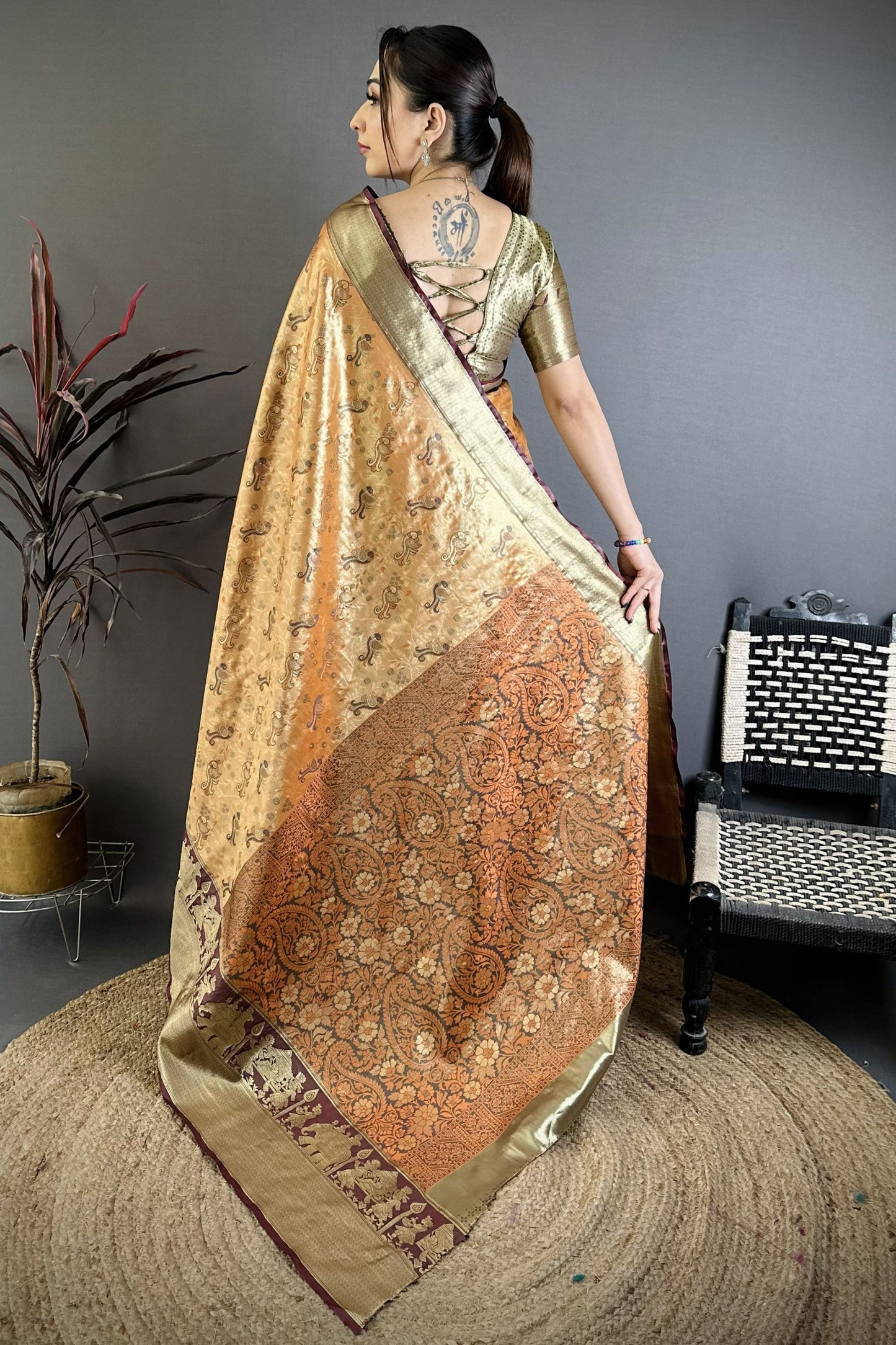 Mustard Gold Maroon Kanjivaram Silk Saree Traditional Zari Woven Saree