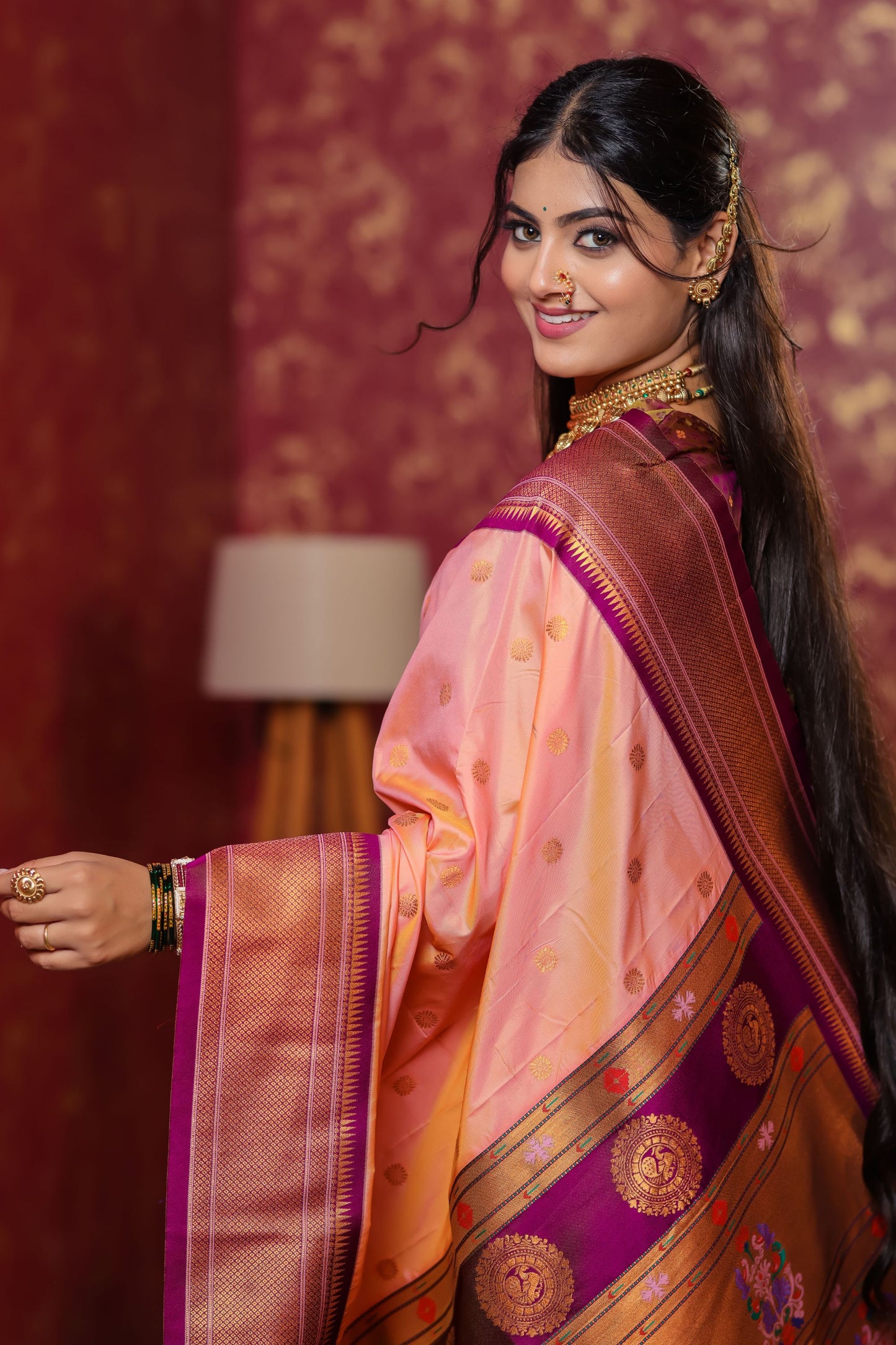 Peach Kanjivaram Silk Saree with Gold Zari Border Butti Work