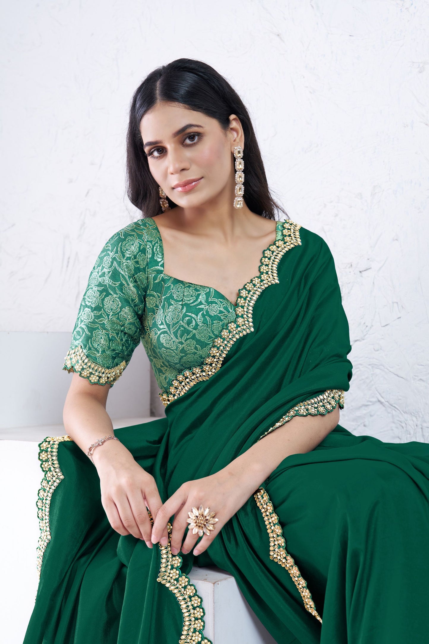 Green Georgette Saree with Gold Embroidered Border Designer Blouse