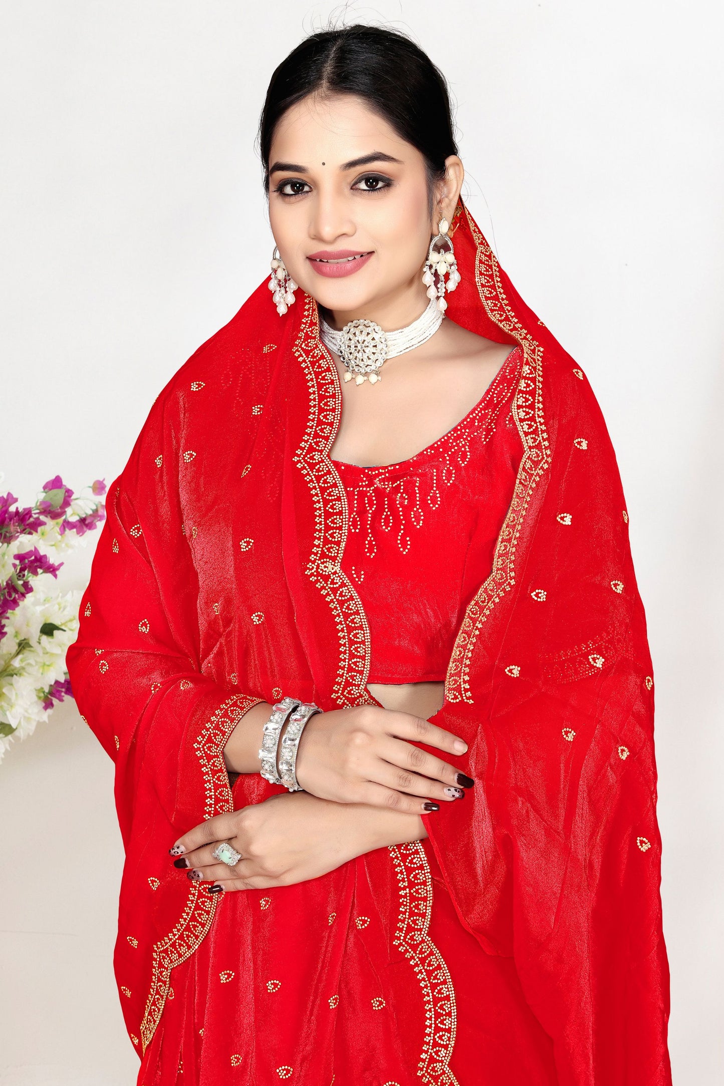 Red Silk Saree with Zari Embroidered Border Buti Design Blouse