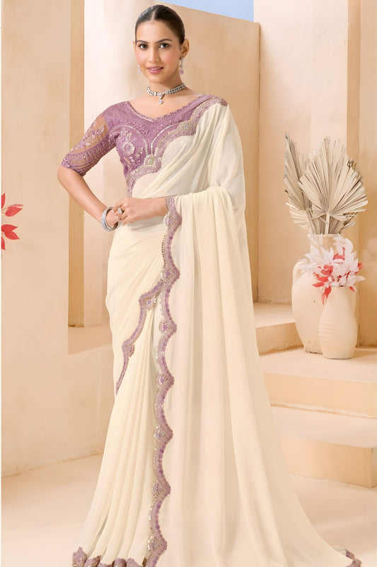 Cream Embroidered Designer Saree with Lavender Blouse