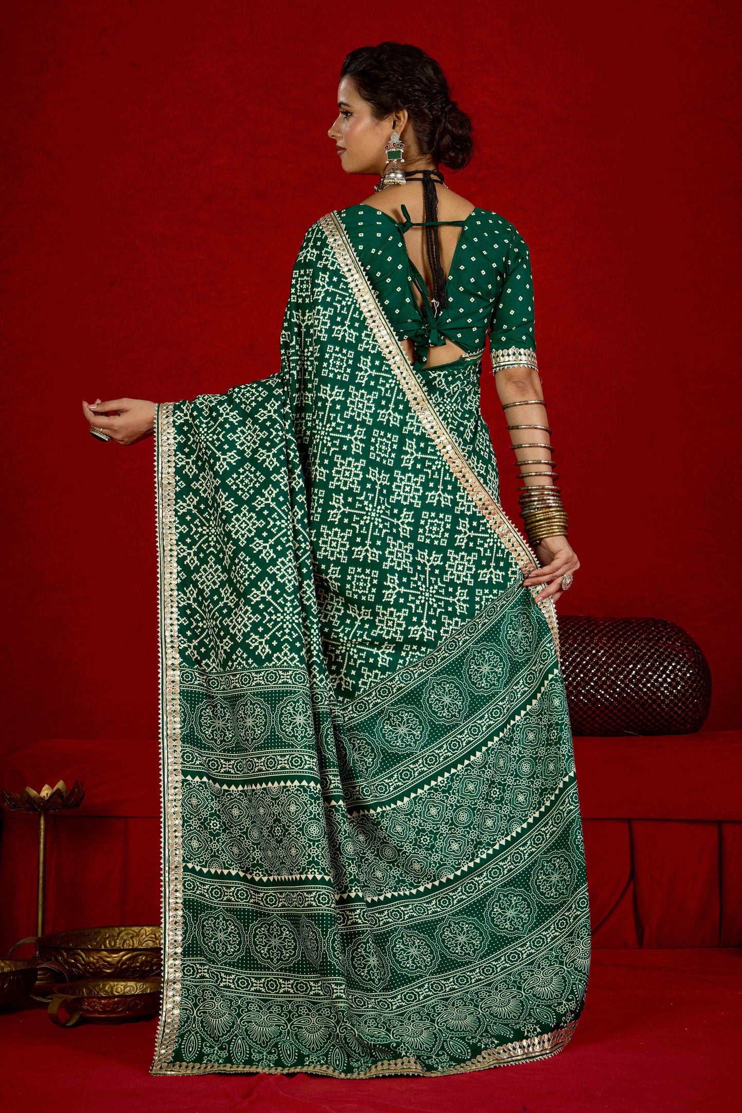 Green Bandhani Print Georgette Saree with Golden Border Festive Wear