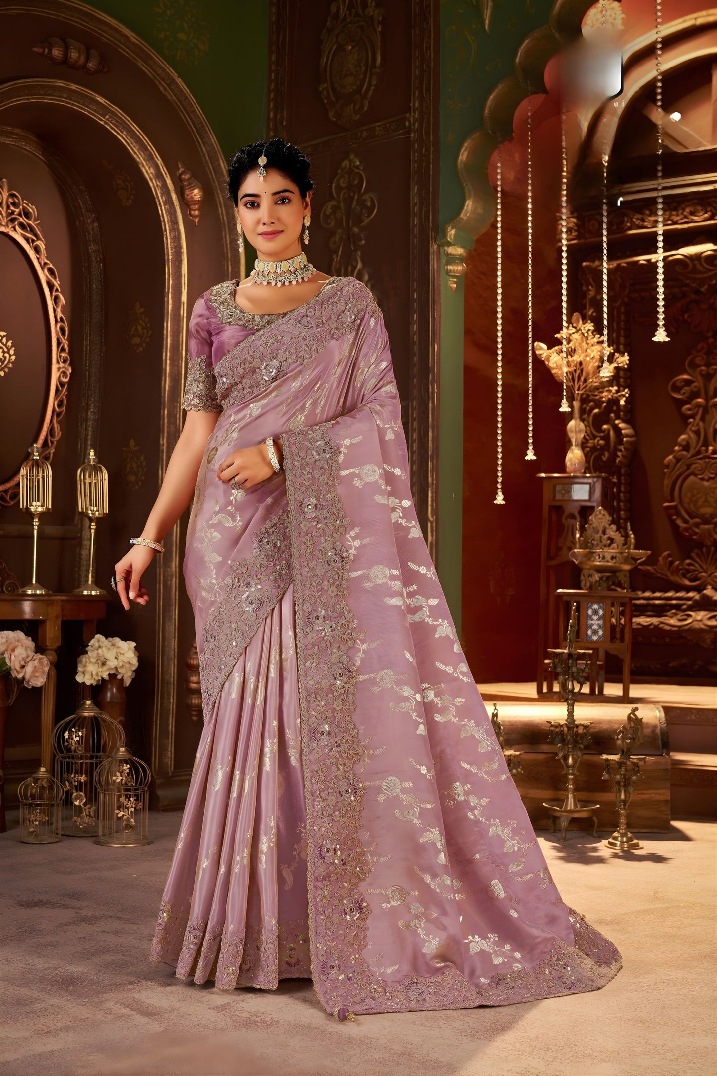 Mauve Purple Embroidered Silk Blend Saree with Designer Blouse