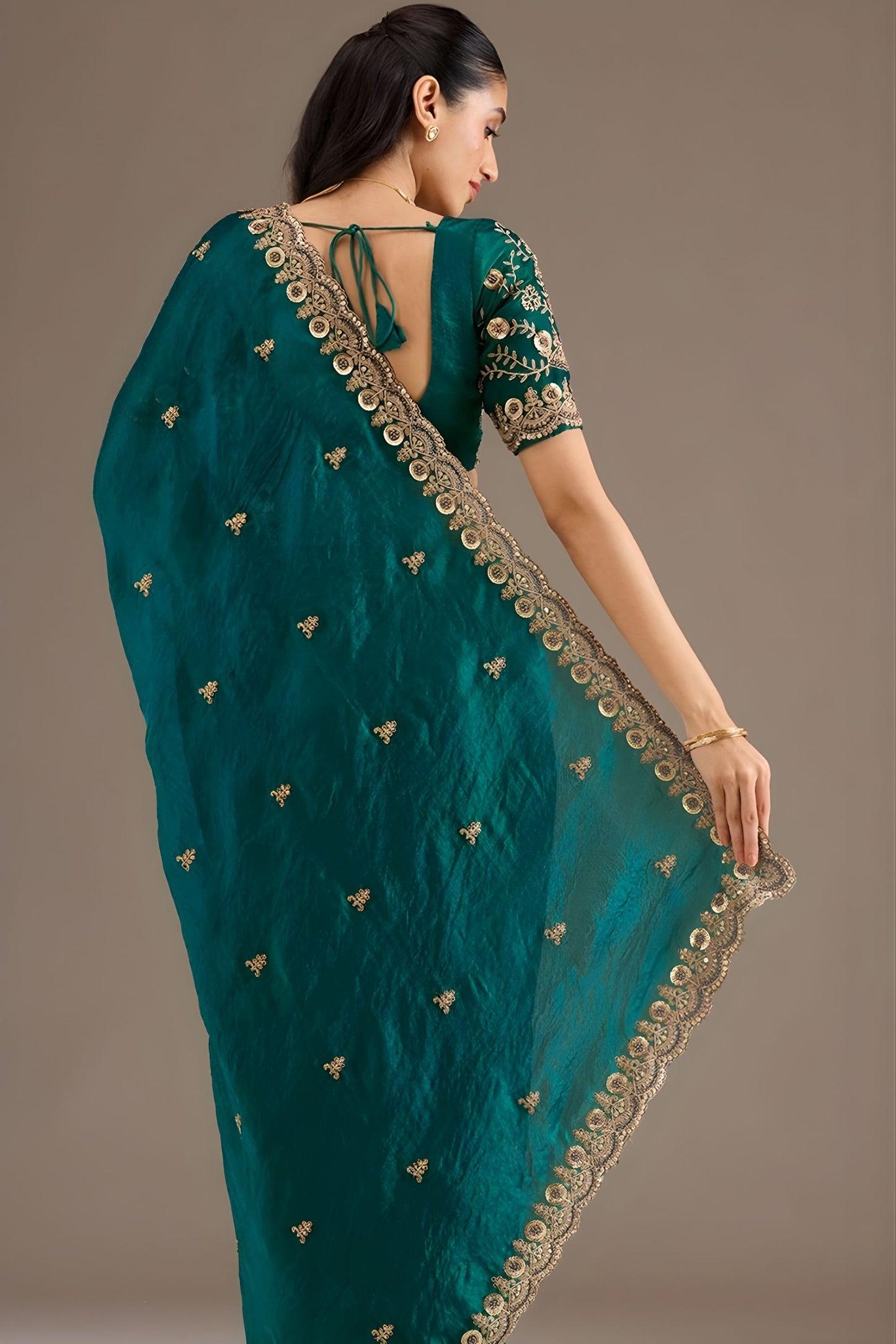 Green Silk Saree with Heavy Zari Embroidered Border Designer Blouse