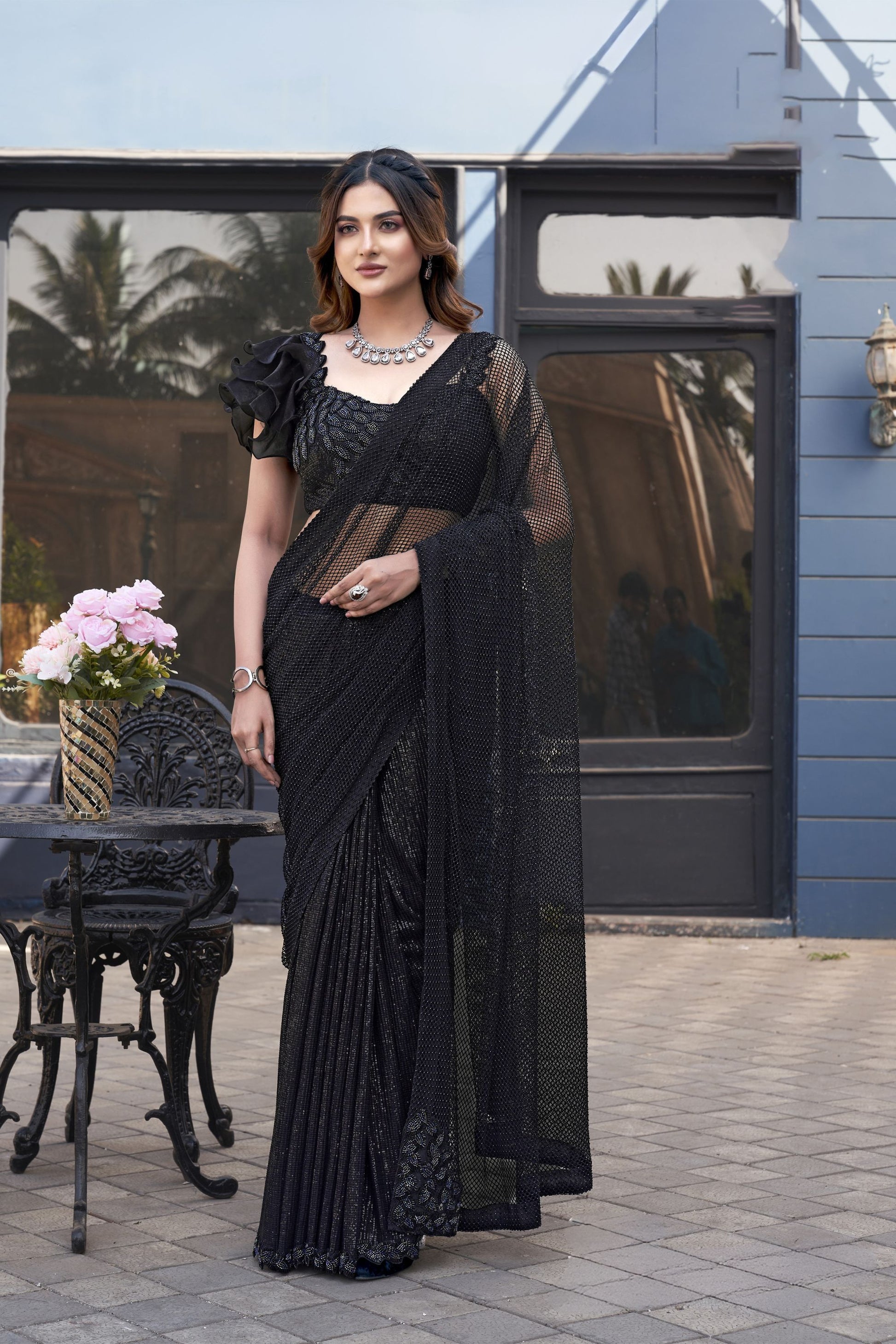 Elegant Black Sequin Designer Blouse Party Wear Saree