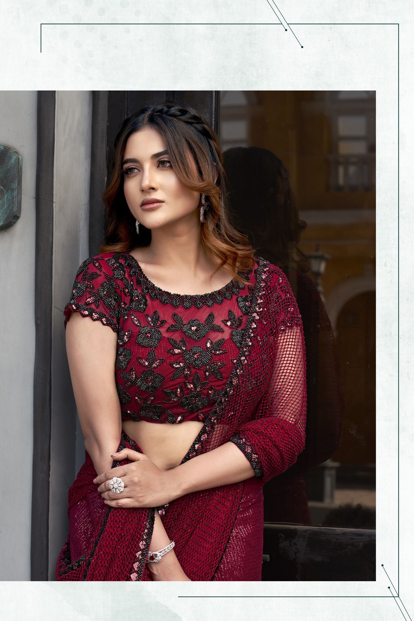 Wine Red Sequin Saree Designer Blouse Party Wear Saree