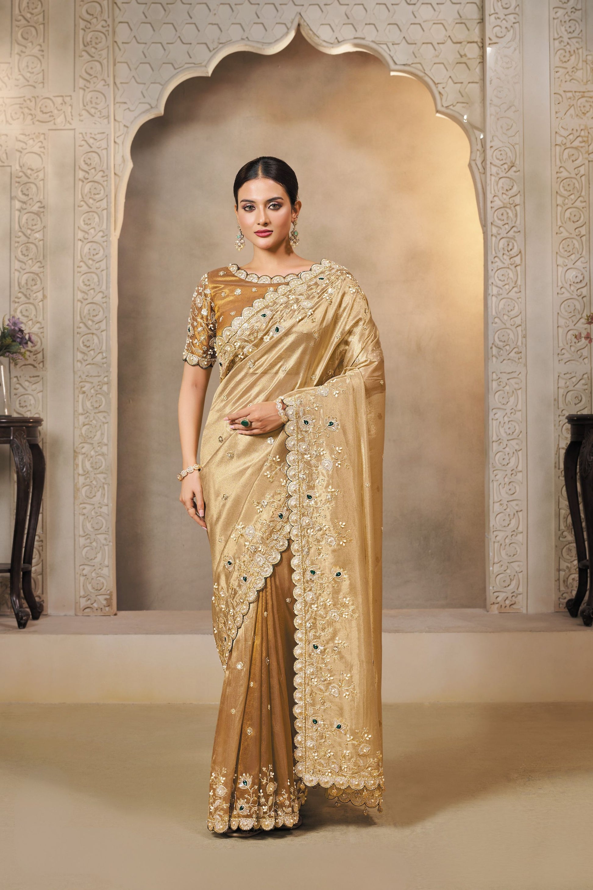 Golden Embroidered Silk Saree with Stone Work and Designer Blouse