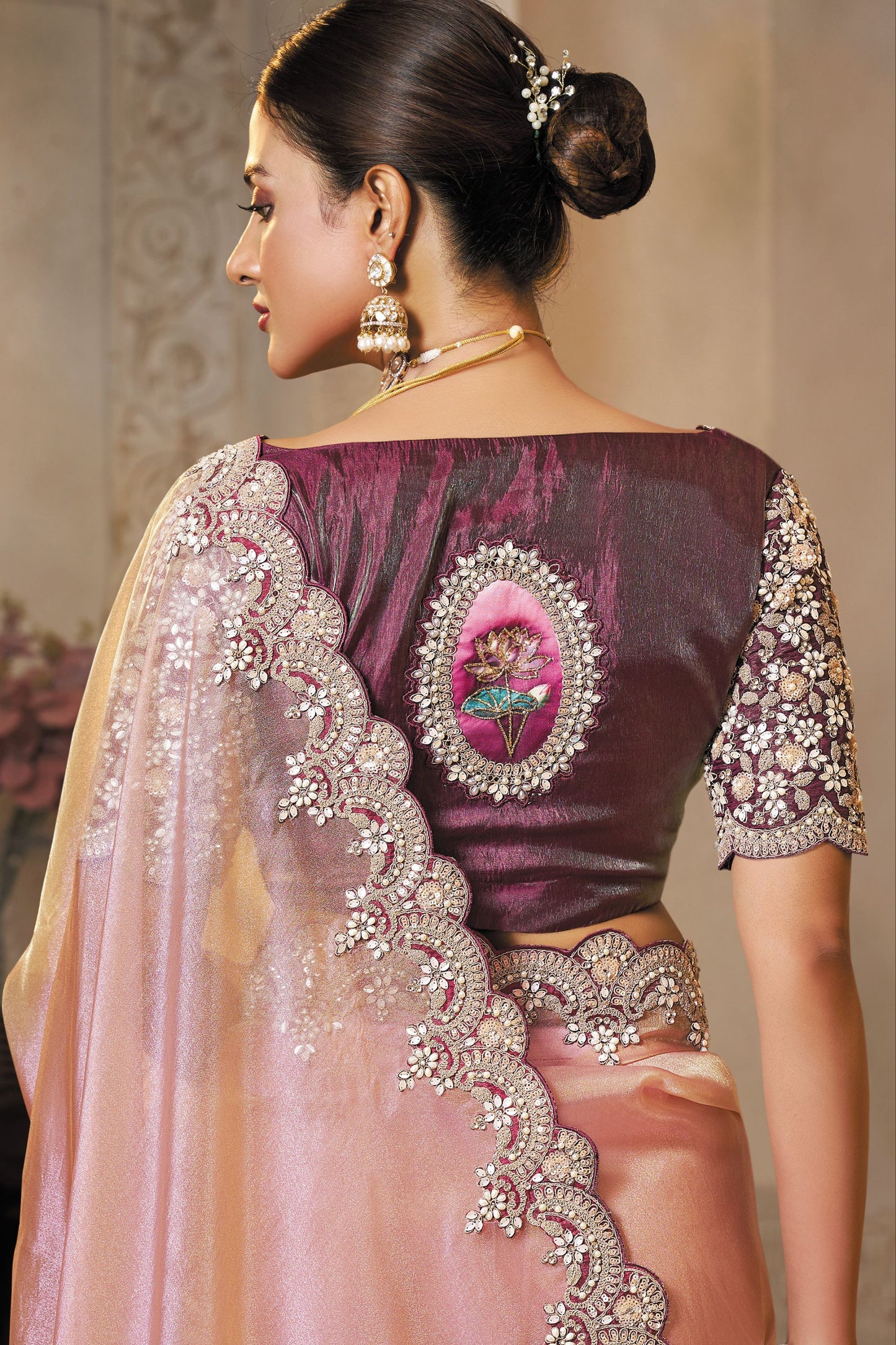 Peach Pink Designer Silk Saree with Heavy Stone and Zari Work Border Saree