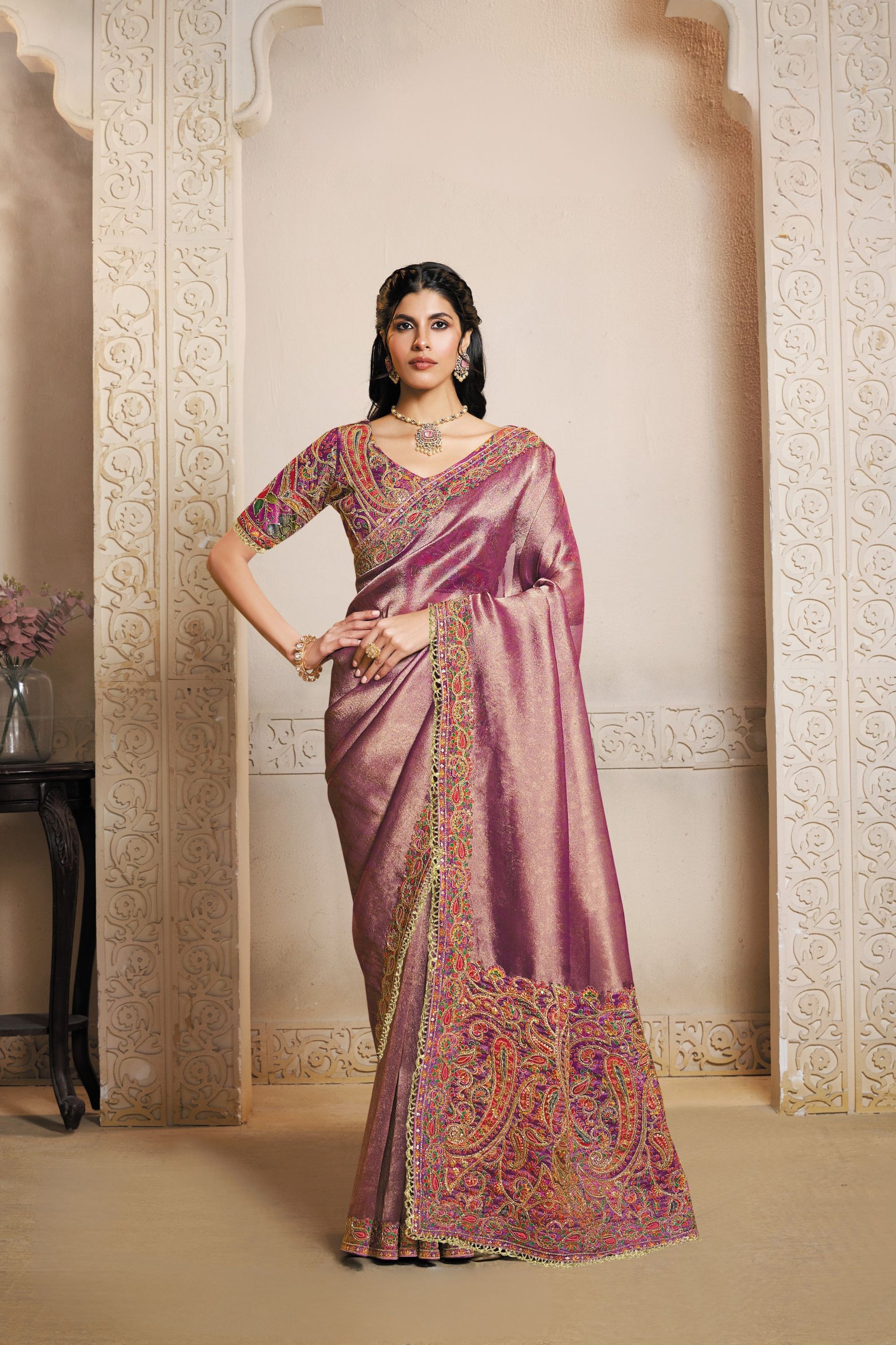Regal Mauve Banarasi Silk Saree Rich Zari Multicolor Kashmiri Embroidery