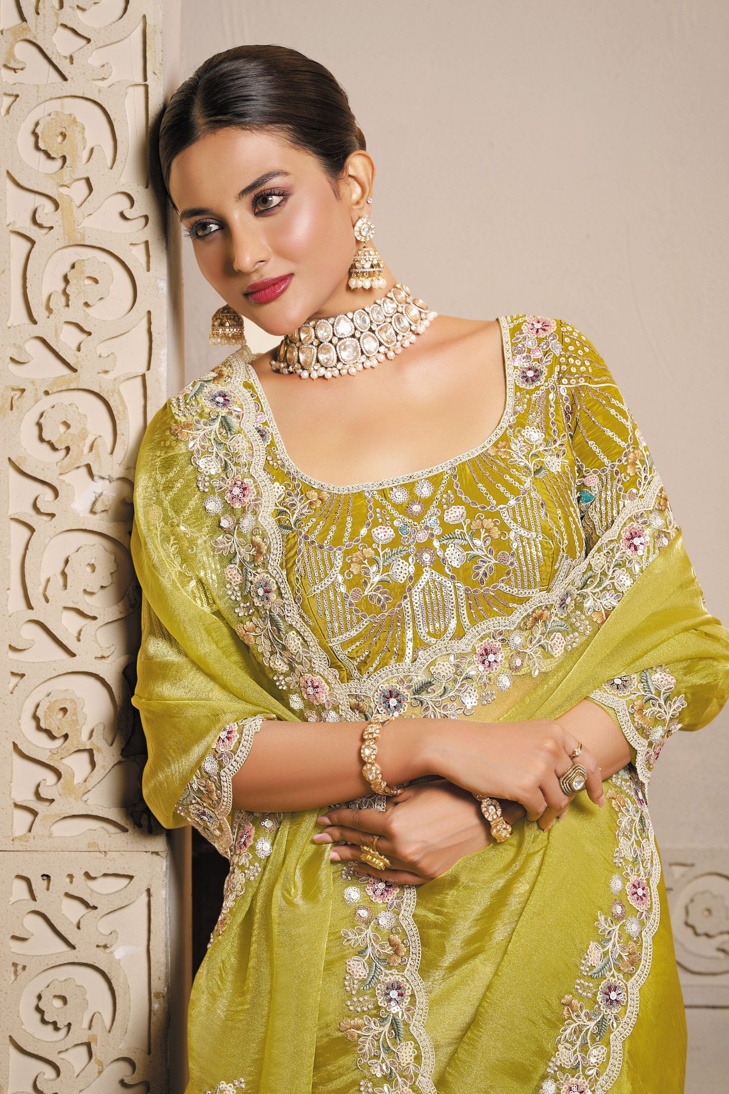 Lime Green Designer Embroidered Silk Saree with Heavy Blouse