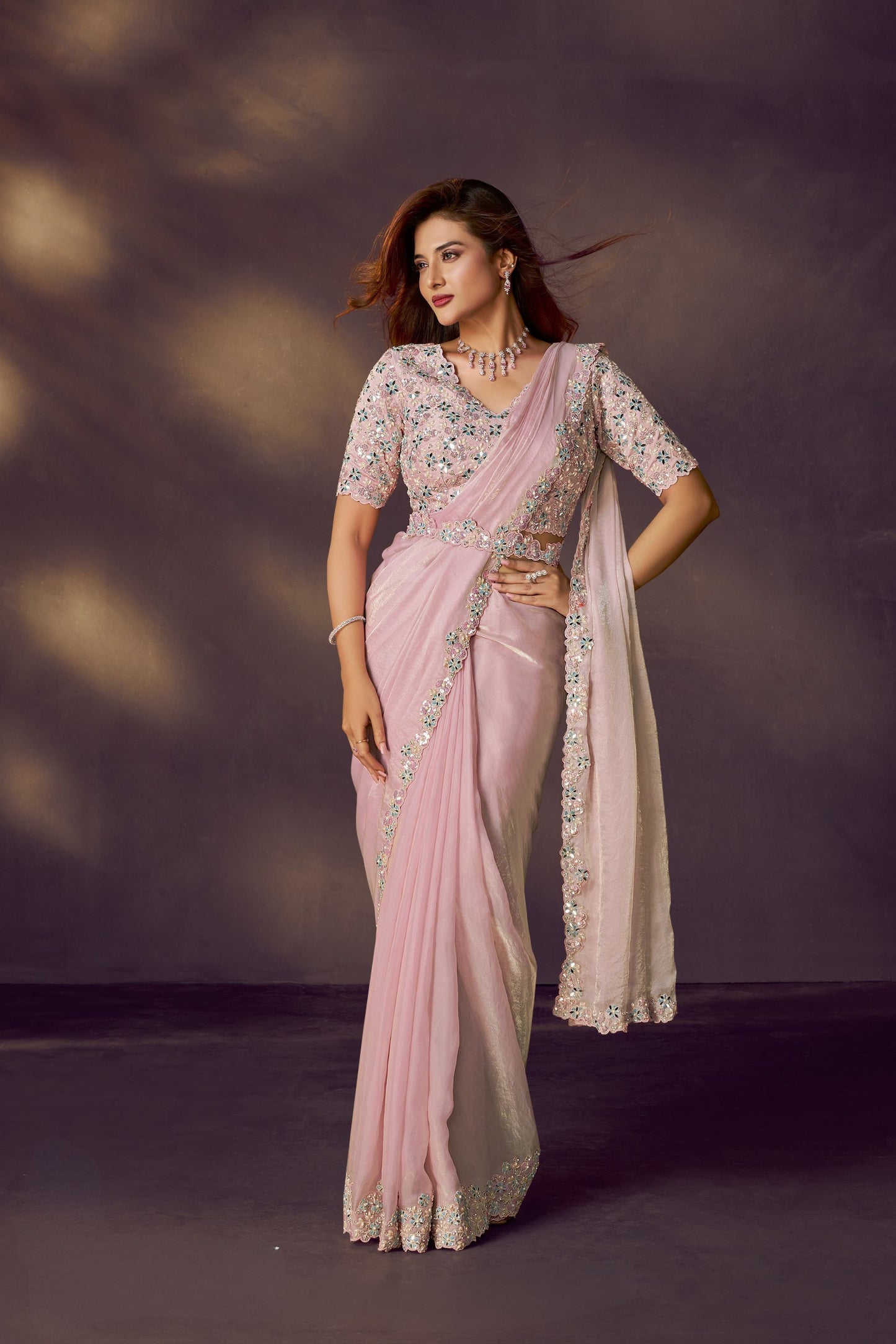 Pink Designer Georgette Saree with Mirror Work Blouse