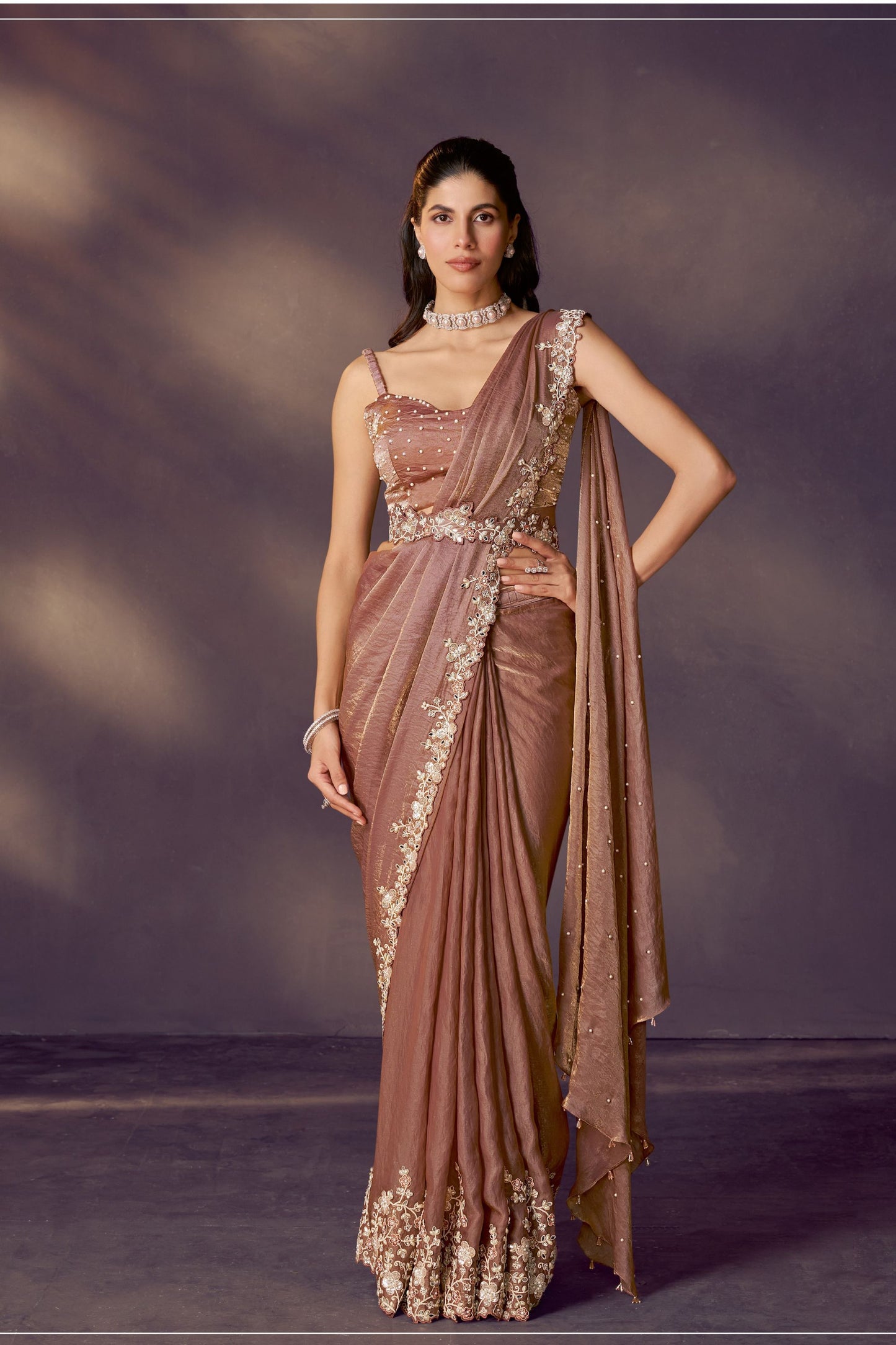 Designer Brown Embroidered Georgette Saree and Sleeveless Blouse