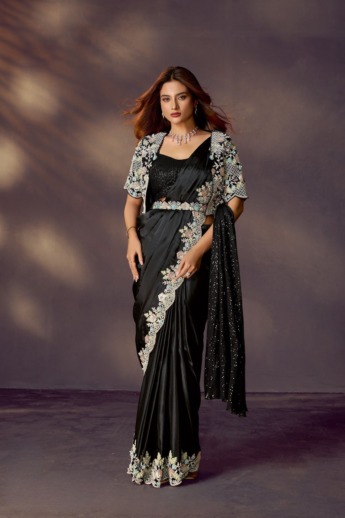 Black Embroidered Designer Saree and Floral Blouse