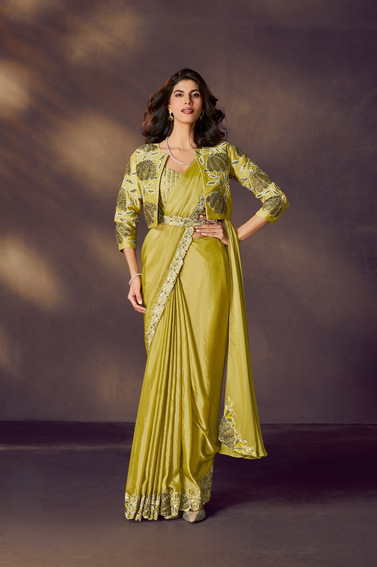 Designer Olive Green Embroidered Silk Saree with Stylish Jacket Blouse