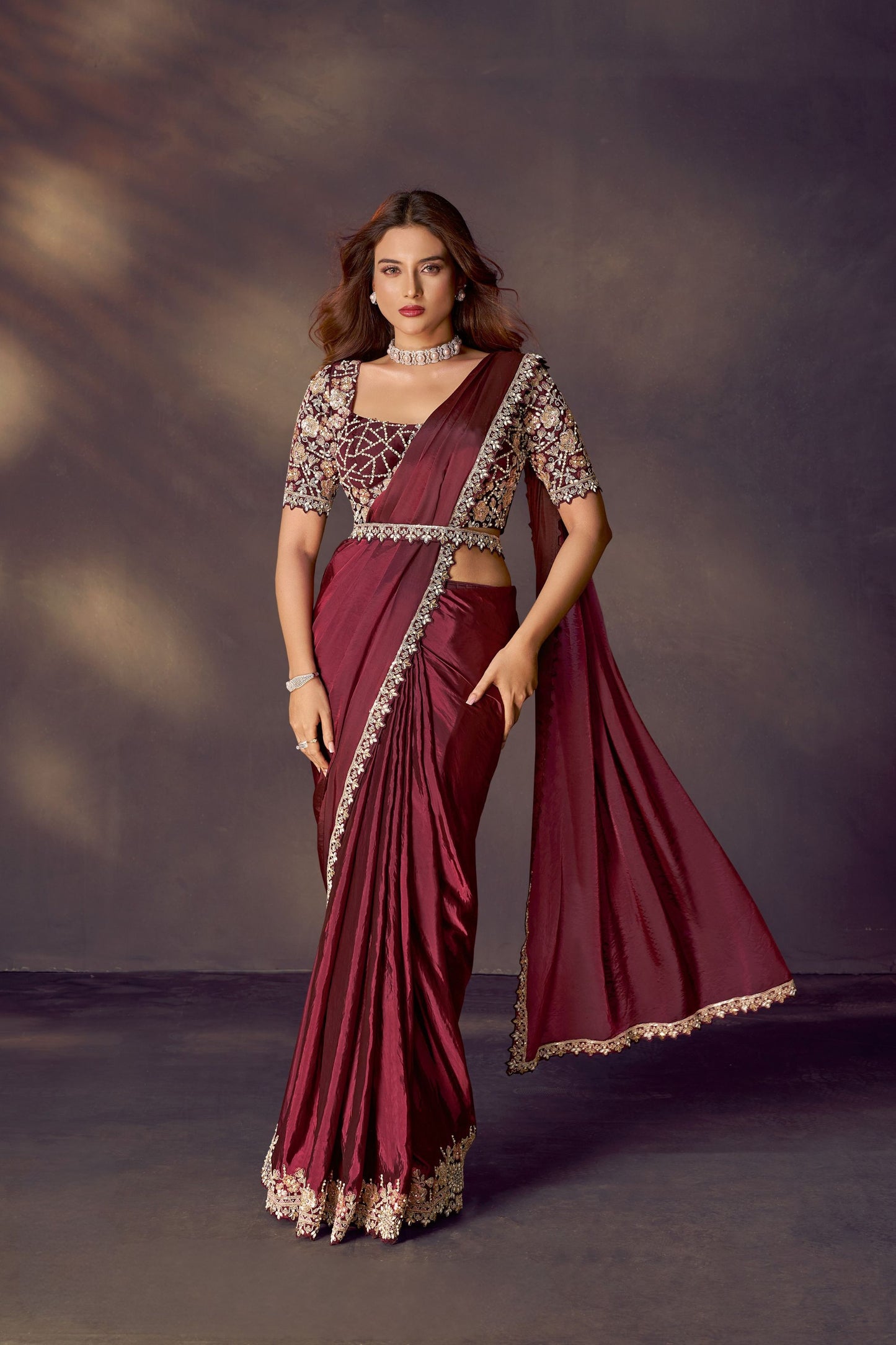 Designer Wine Maroon Embroidered Silk Saree with Heavy Blouse