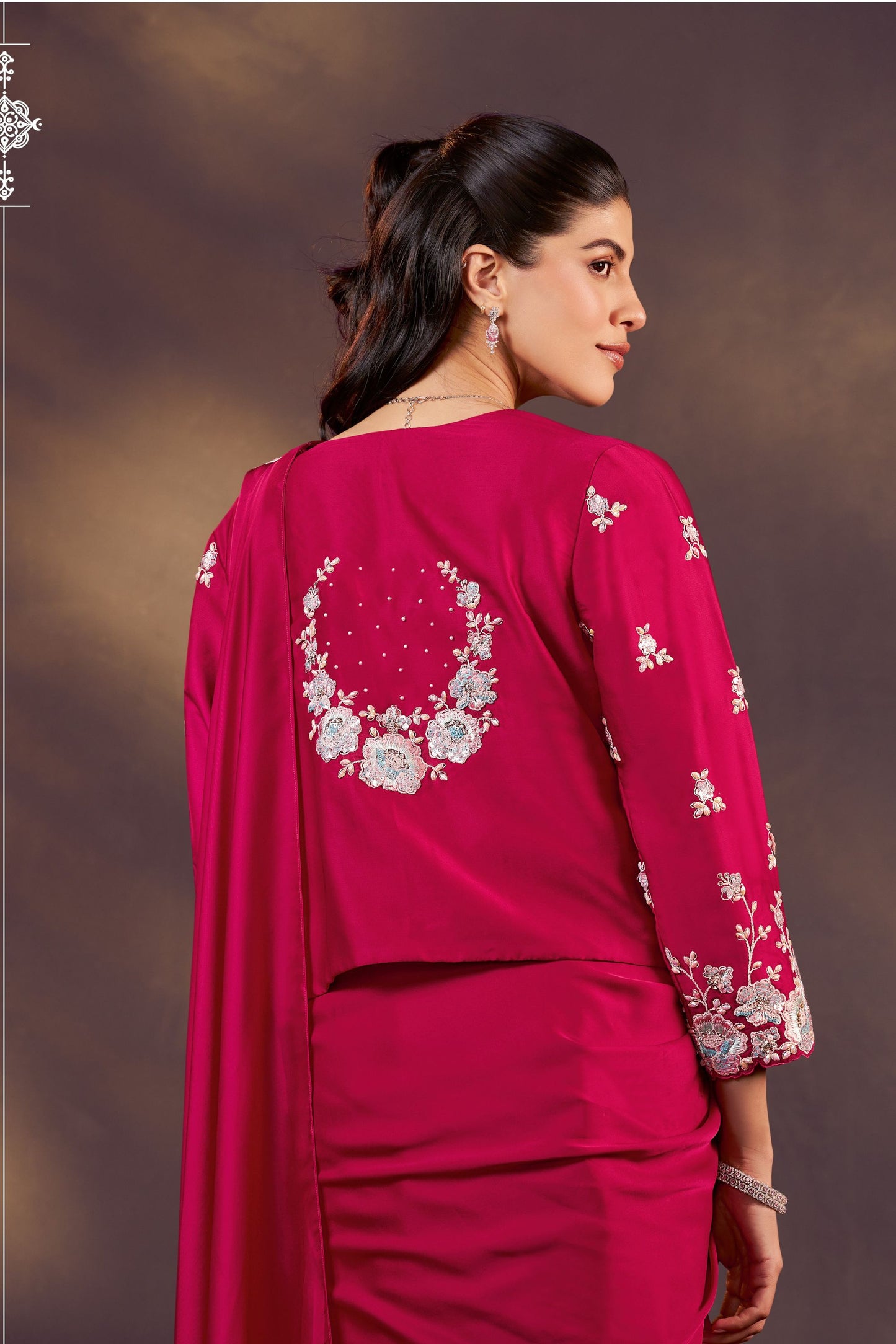 Designer Rani Pink Embroidered Silk Saree with Jacket Blouse