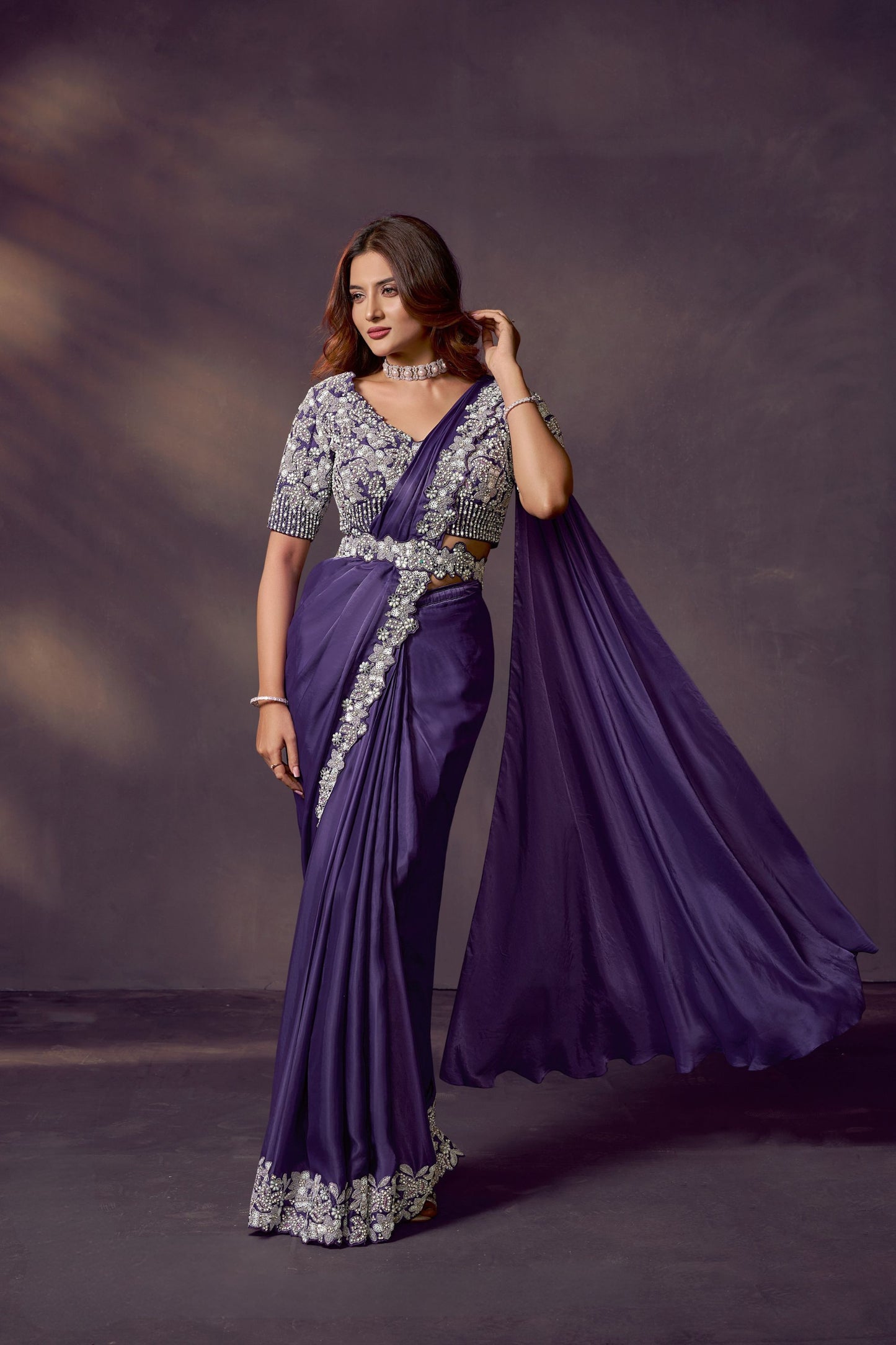 Designer Purple Silk Saree with Heavy Stone Work Blouse
