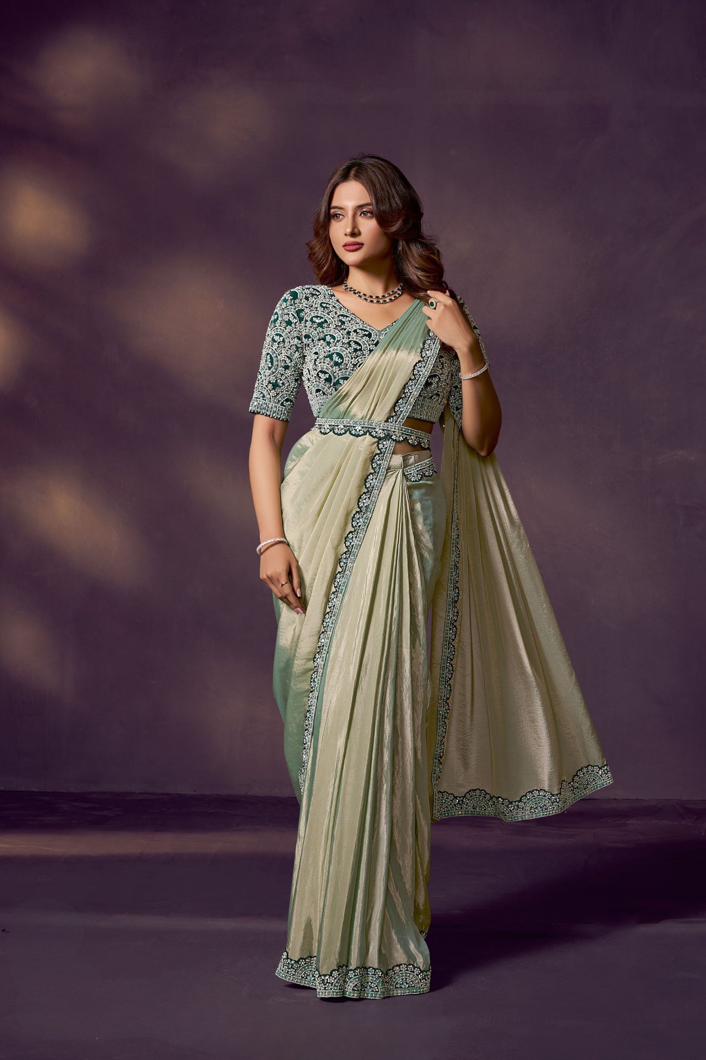 Pista Green Embroidered Satin Silk Saree with Designer Blouse
