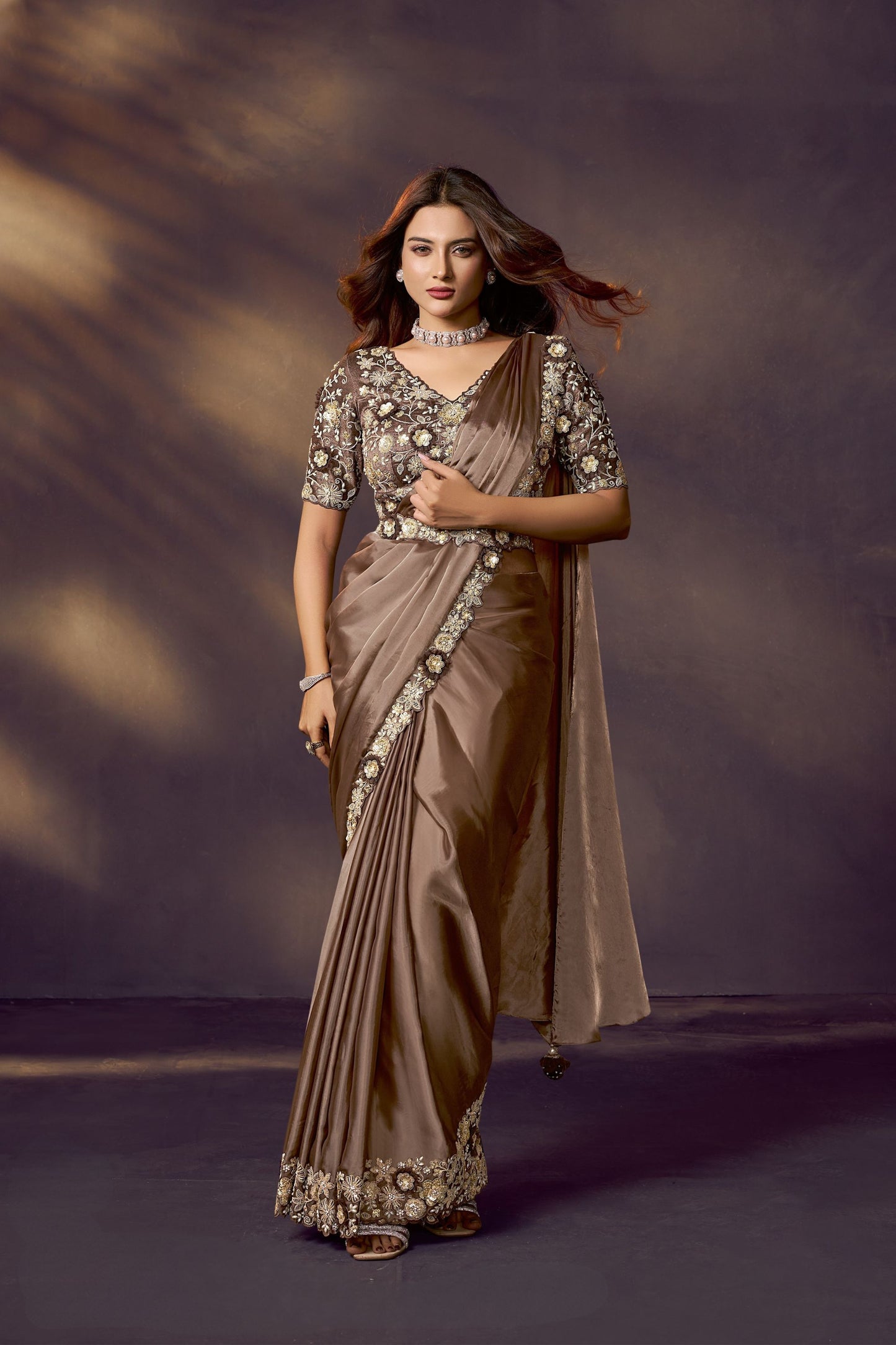 Coffee Brown Satin Silk Saree with Heavy Designer Blouse