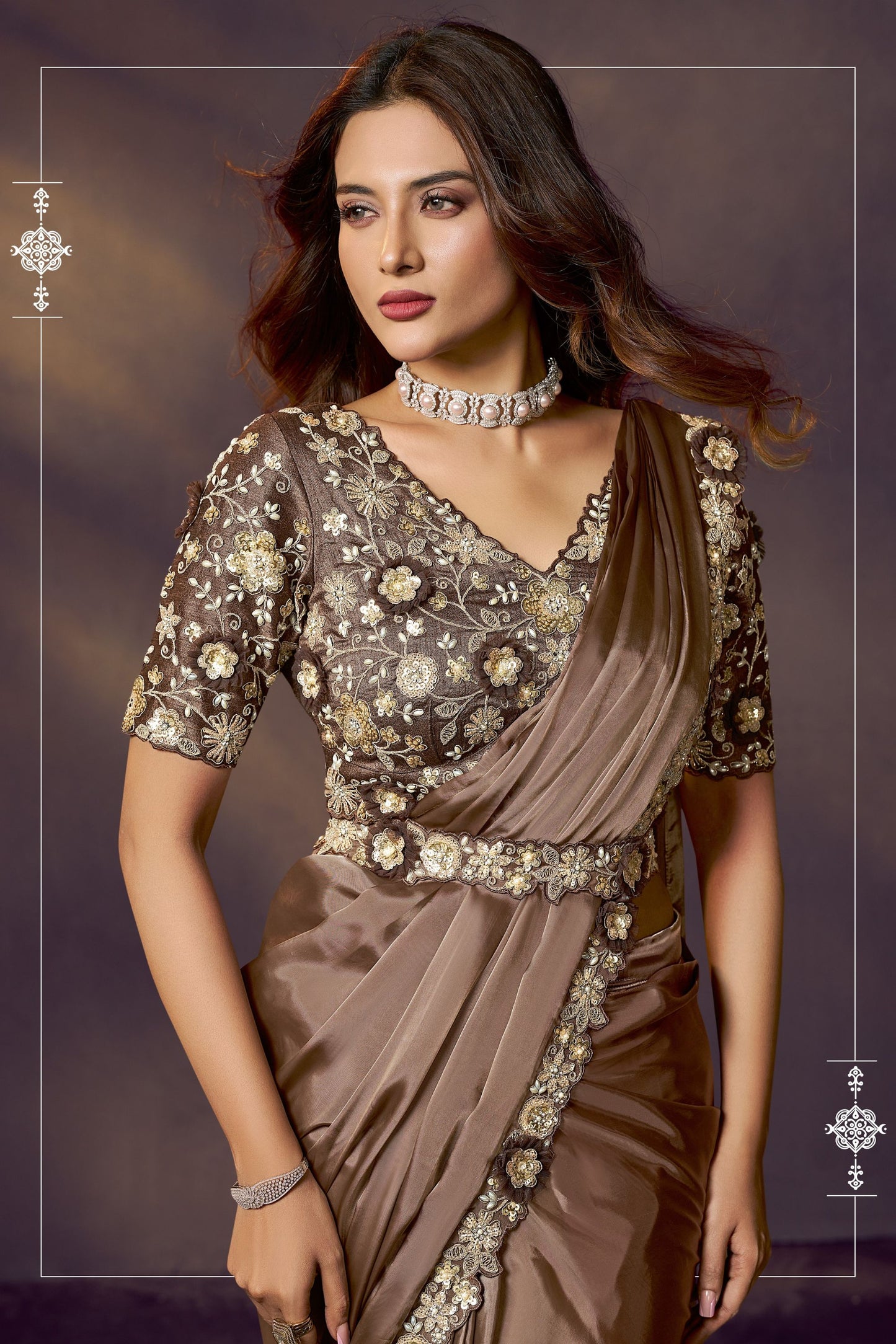 Coffee Brown Satin Silk Saree with Heavy Designer Blouse