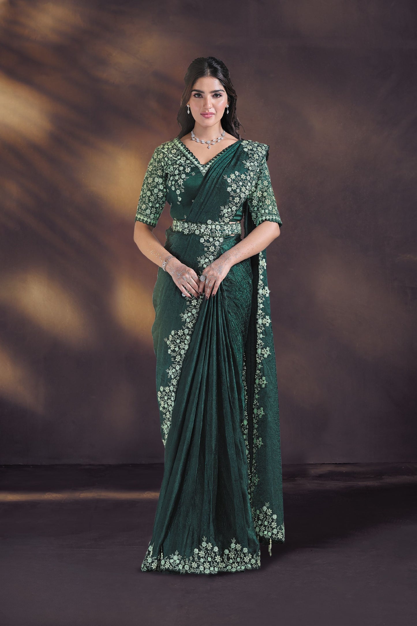 Dark Green Embroidered Designer Saree with Matching Blouse