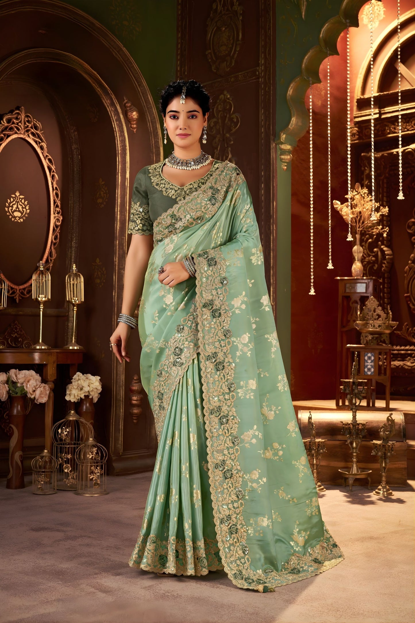 Mint Green Embroidered Designer Saree Heavy Gold Border