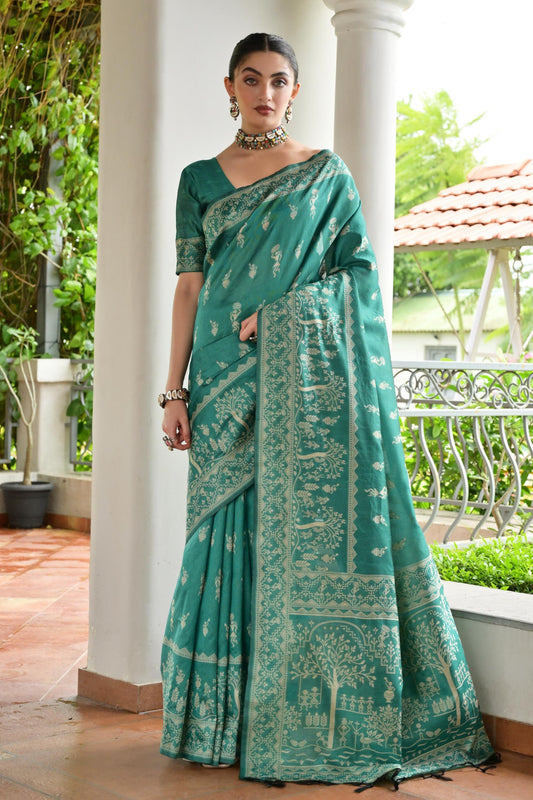 Teal Green Cotton Silk Saree with Traditional Woven Border