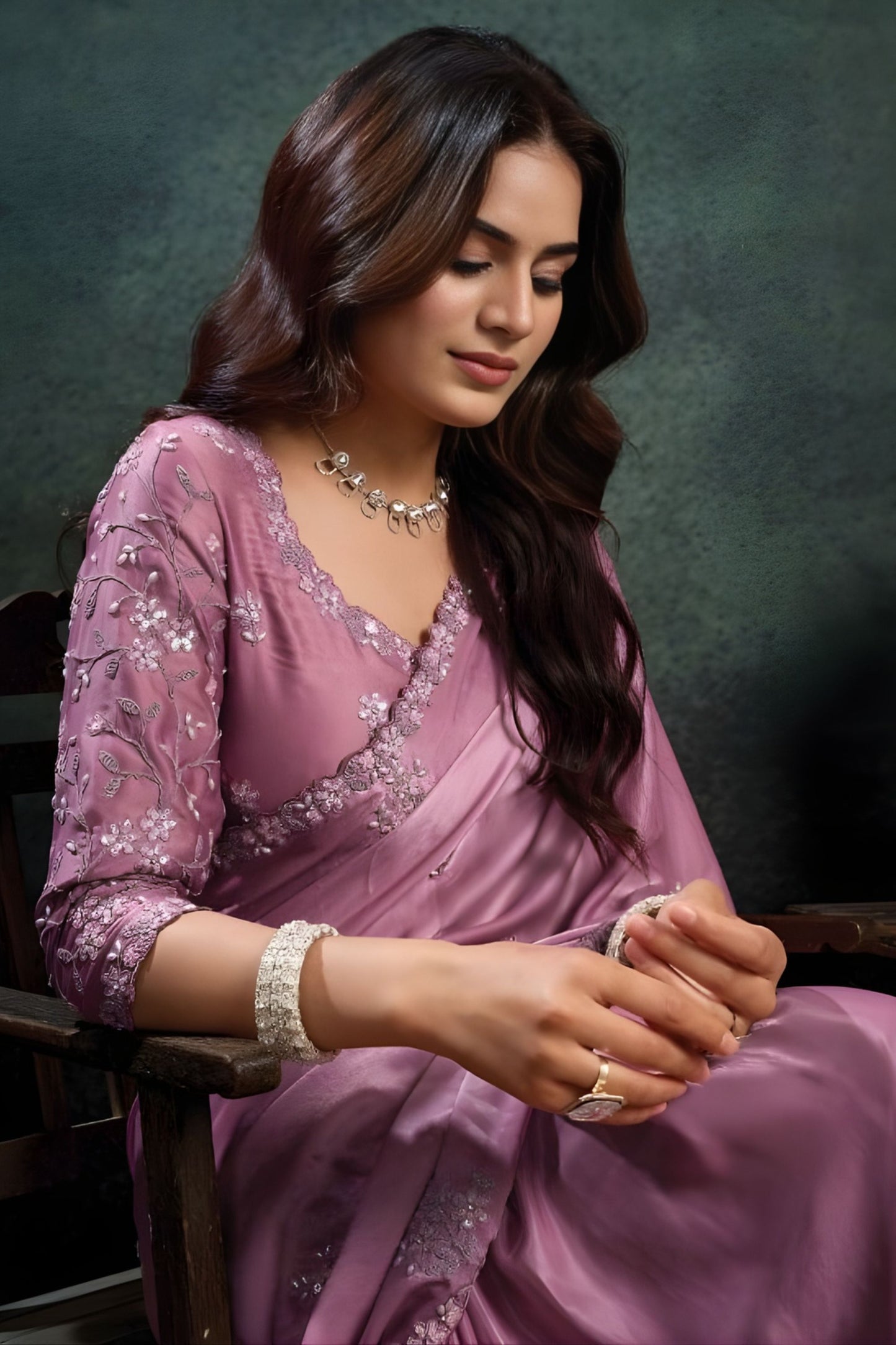 Dusty Pink Satin Silk Saree with Silver Designer Embellished Blouse