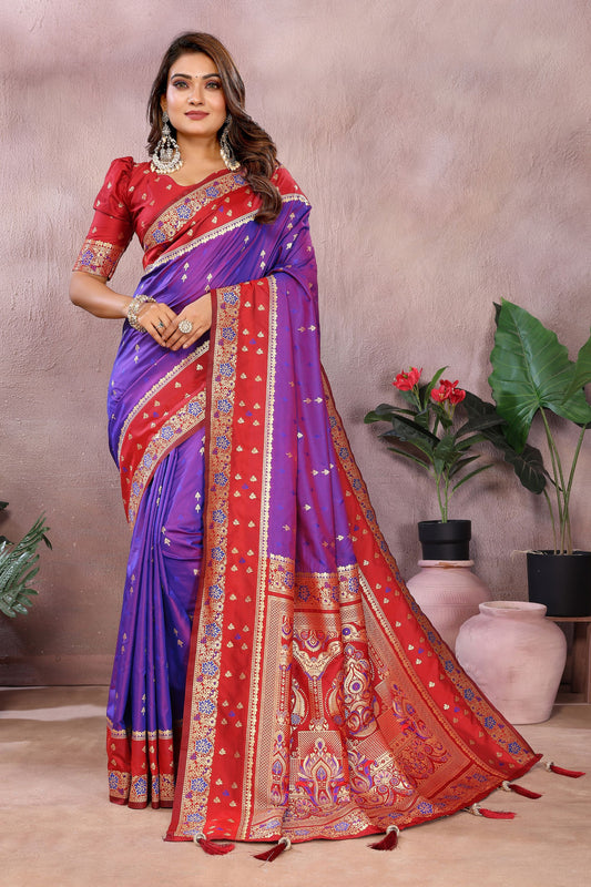 Royal Purple Silk Saree with Red Zari Woven Border Designer Pallu