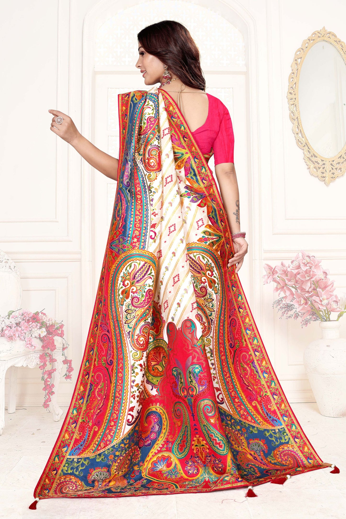 White Multicolor Printed Saree with Paisley Design Saree