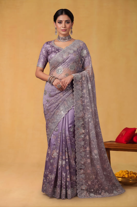 Lavender Net Saree Heavy Silver Floral Embroidery Designer Border